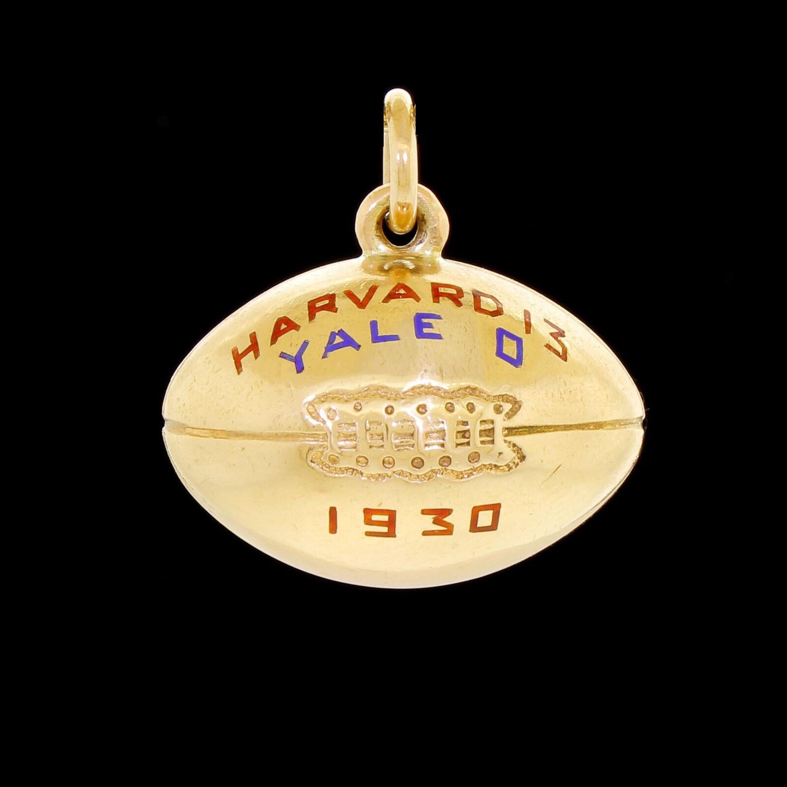 Women's or Men's Art Deco 14k Gold Enamel 1930 Harvard Yale University Football Charm Pendant