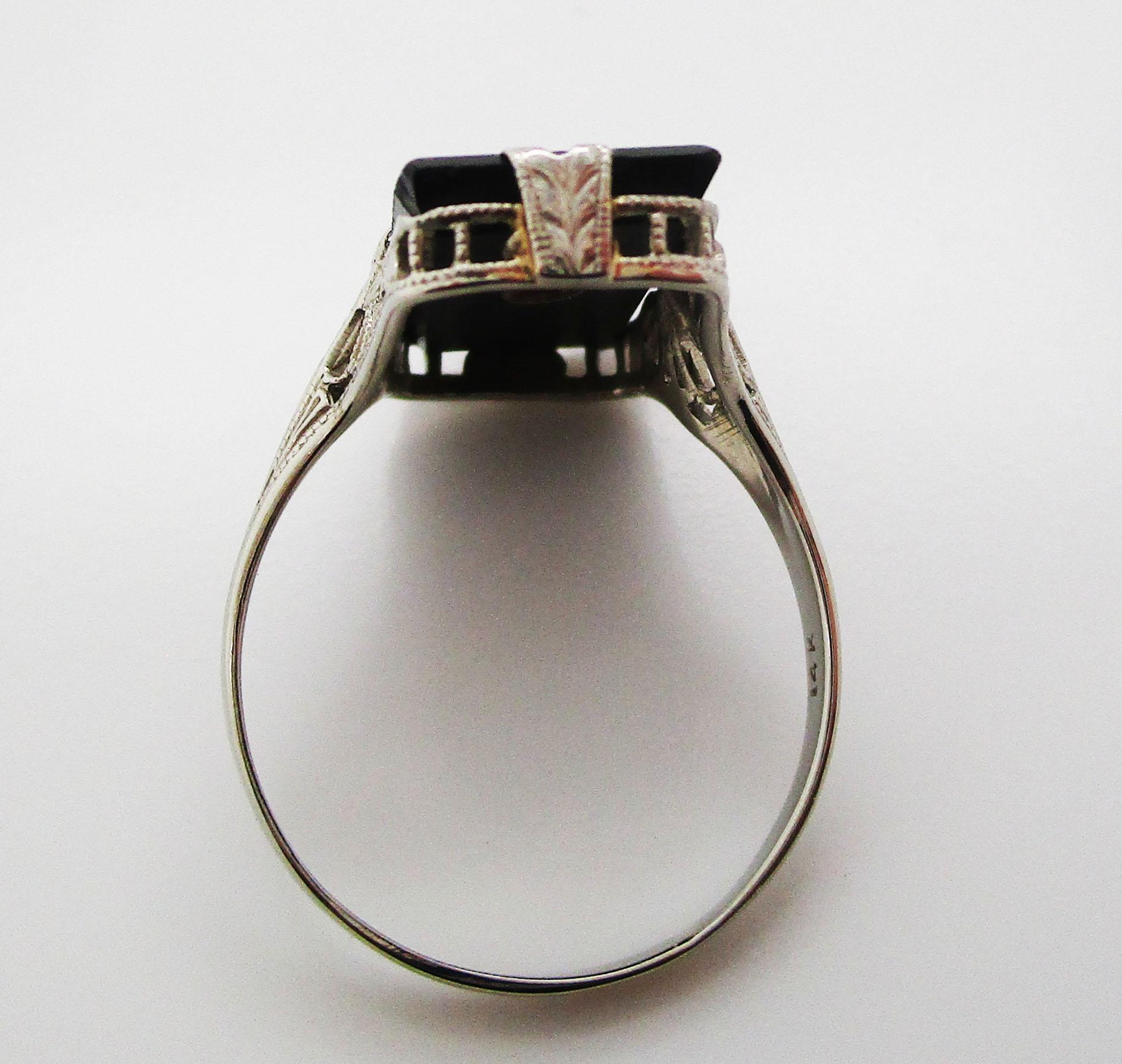 Art Deco 14 Karat Gold Filigree Black Onyx Diamond Ring 1