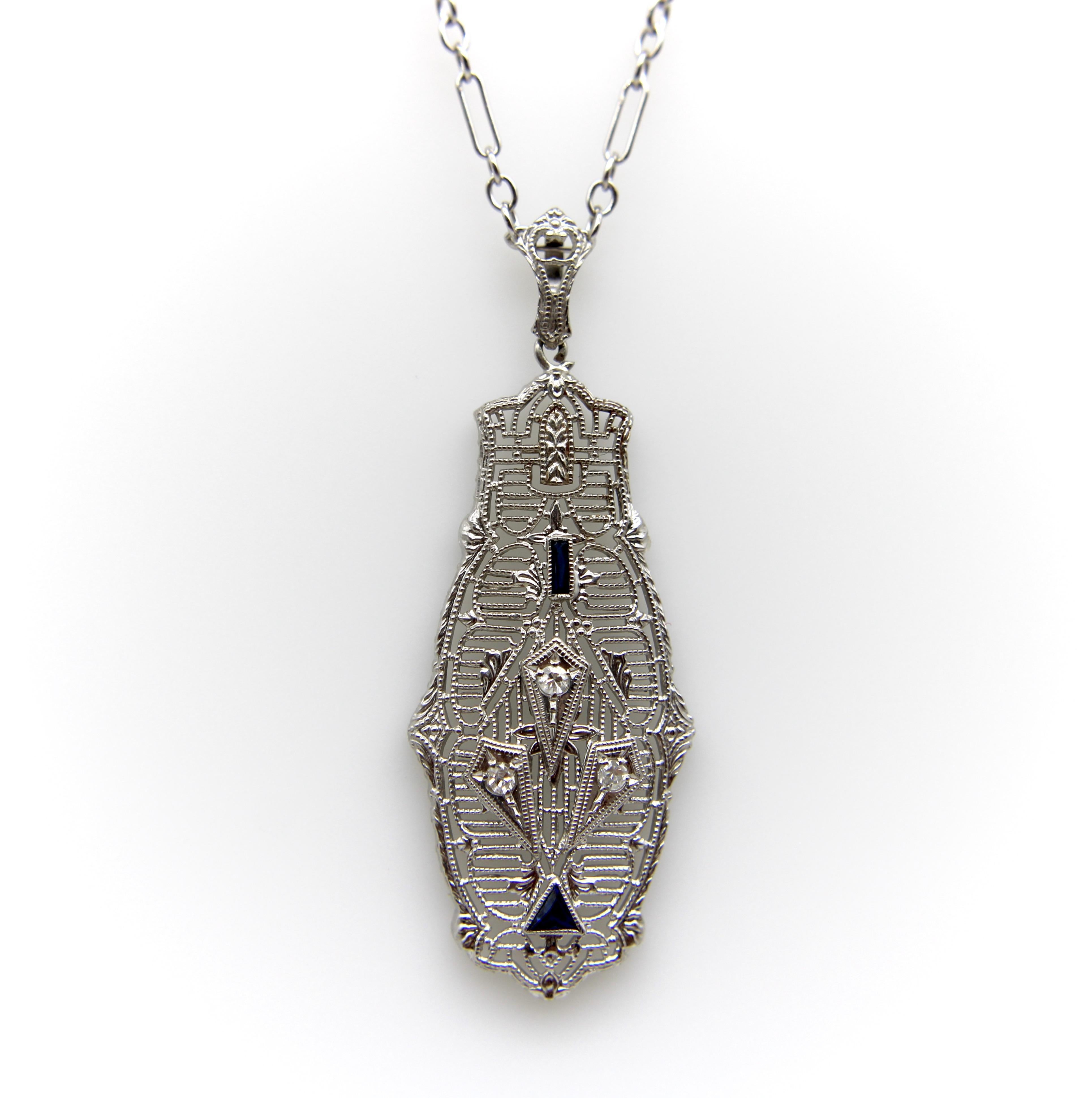 Round Cut Art Deco 14K Gold Filigree Pendant Necklace with Diamonds and Sapphires
