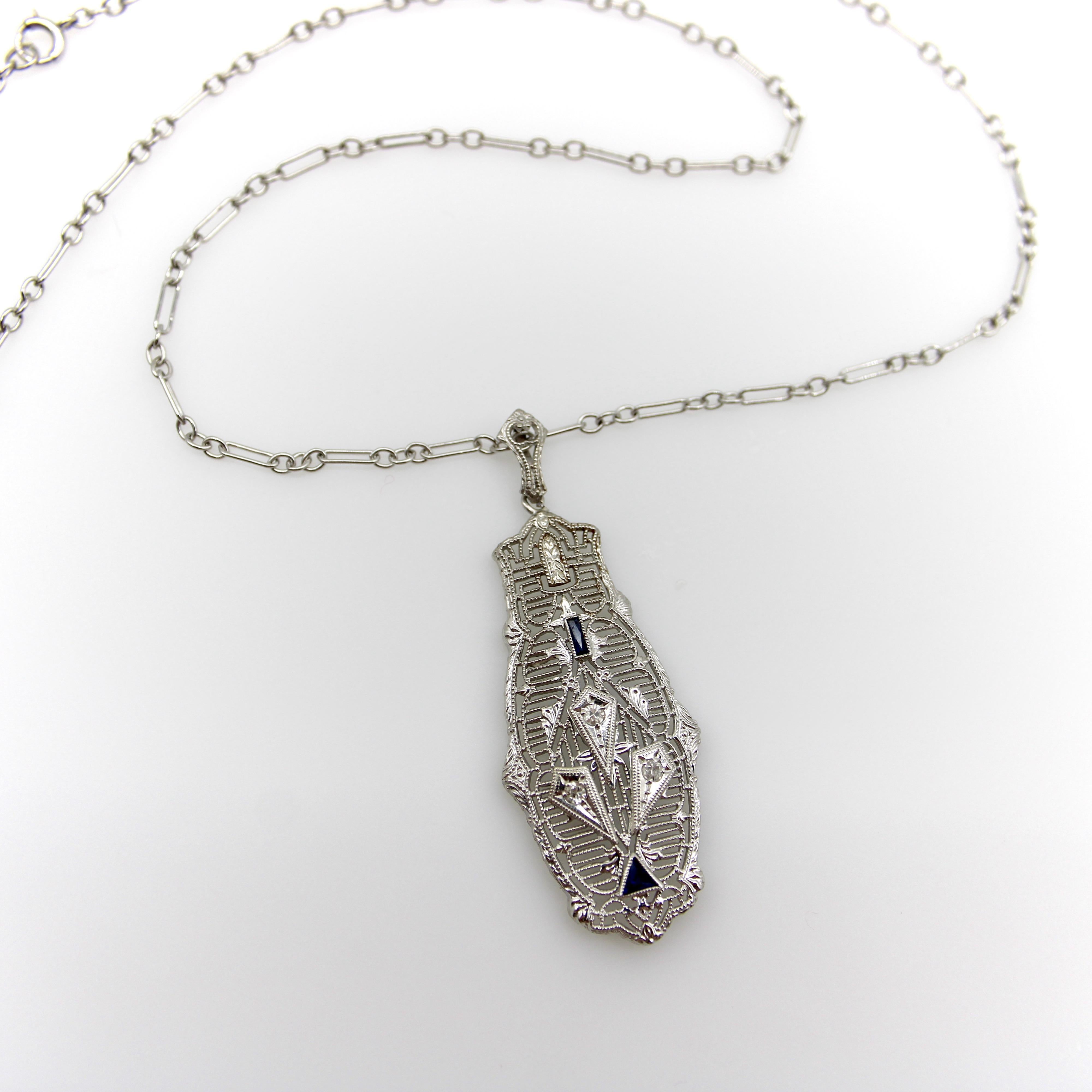 Art Deco 14K Gold Filigree Pendant Necklace with Diamonds and Sapphires In Good Condition In Venice, CA