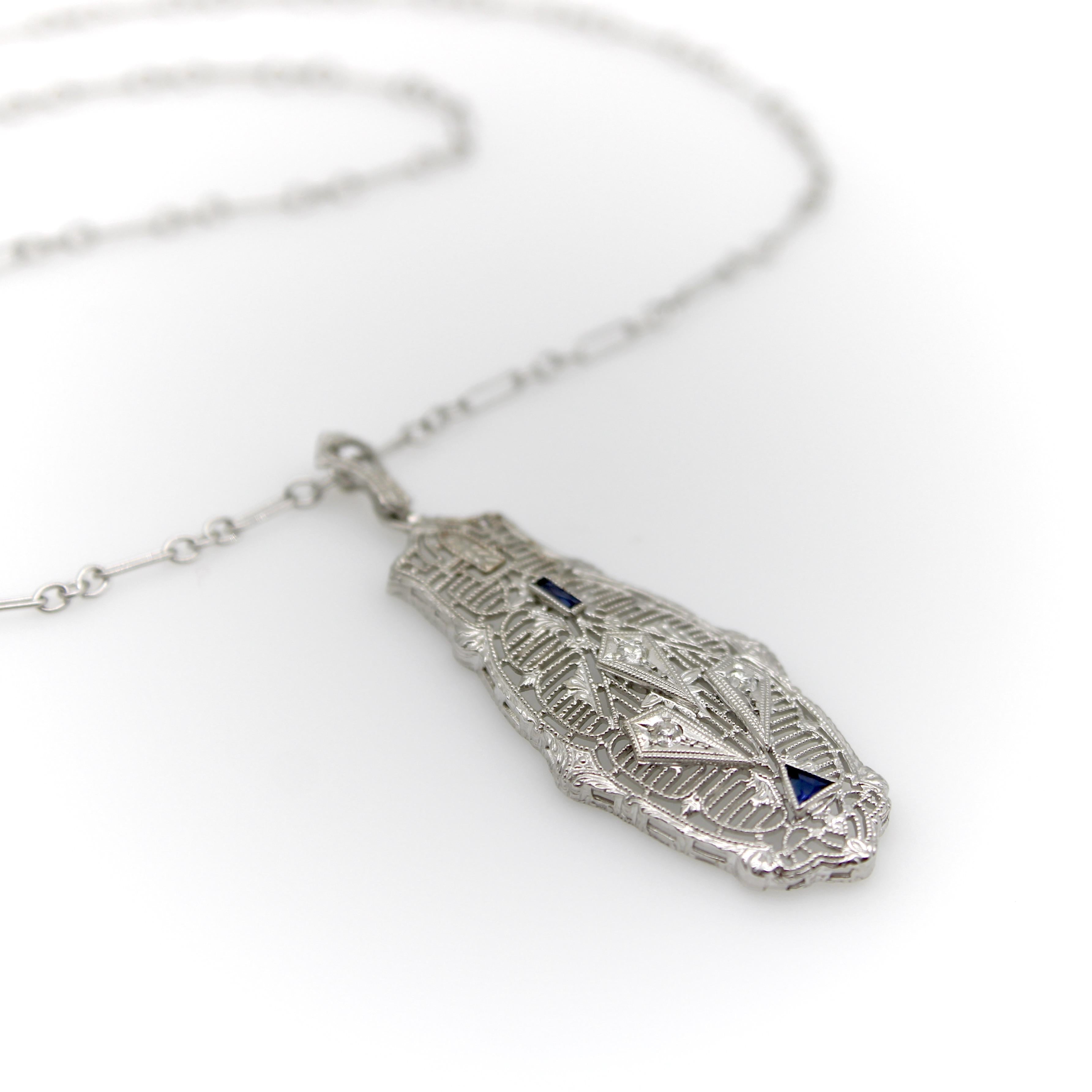 Women's or Men's Art Deco 14K Gold Filigree Pendant Necklace with Diamonds and Sapphires
