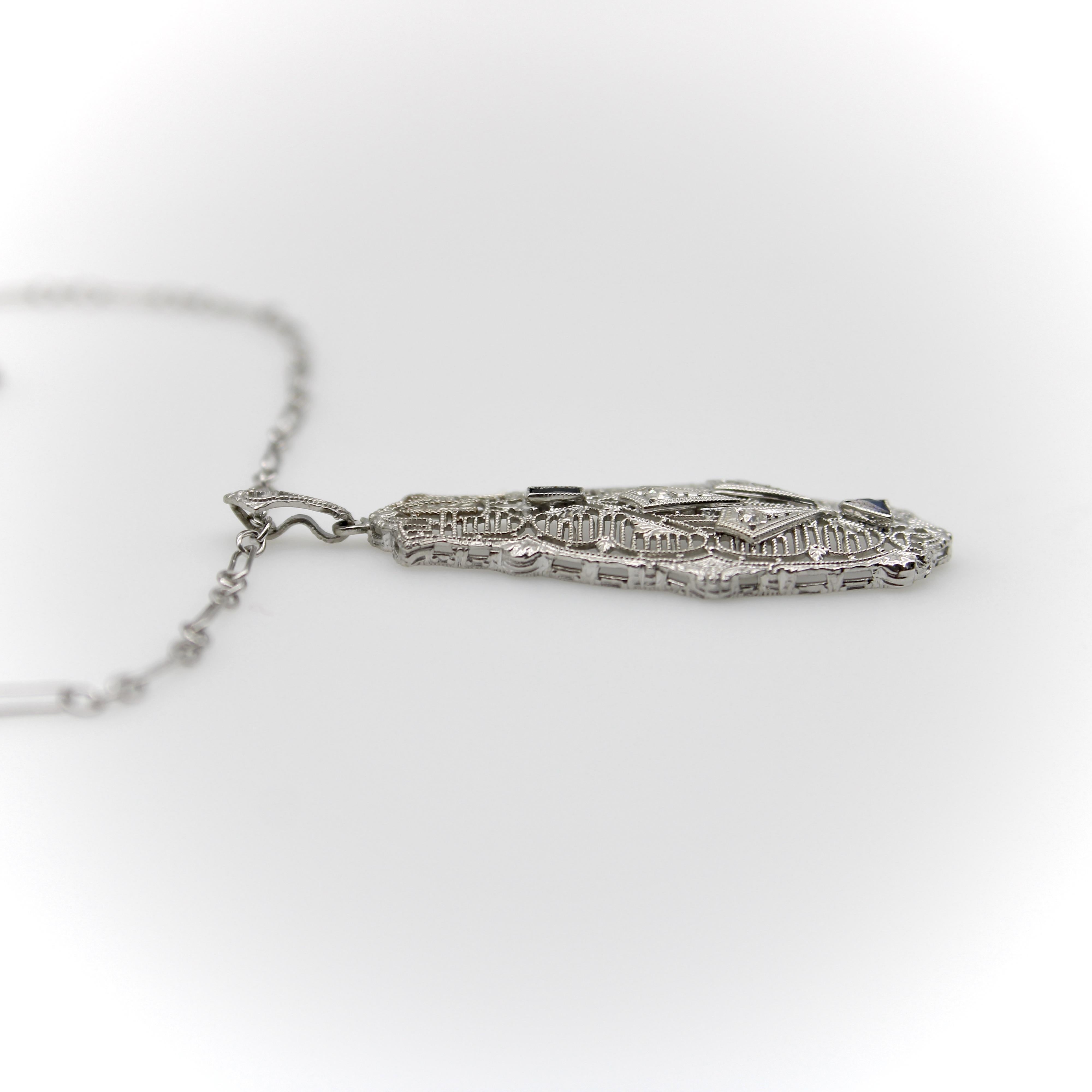 Art Deco 14K Gold Filigree Pendant Necklace with Diamonds and Sapphires 1