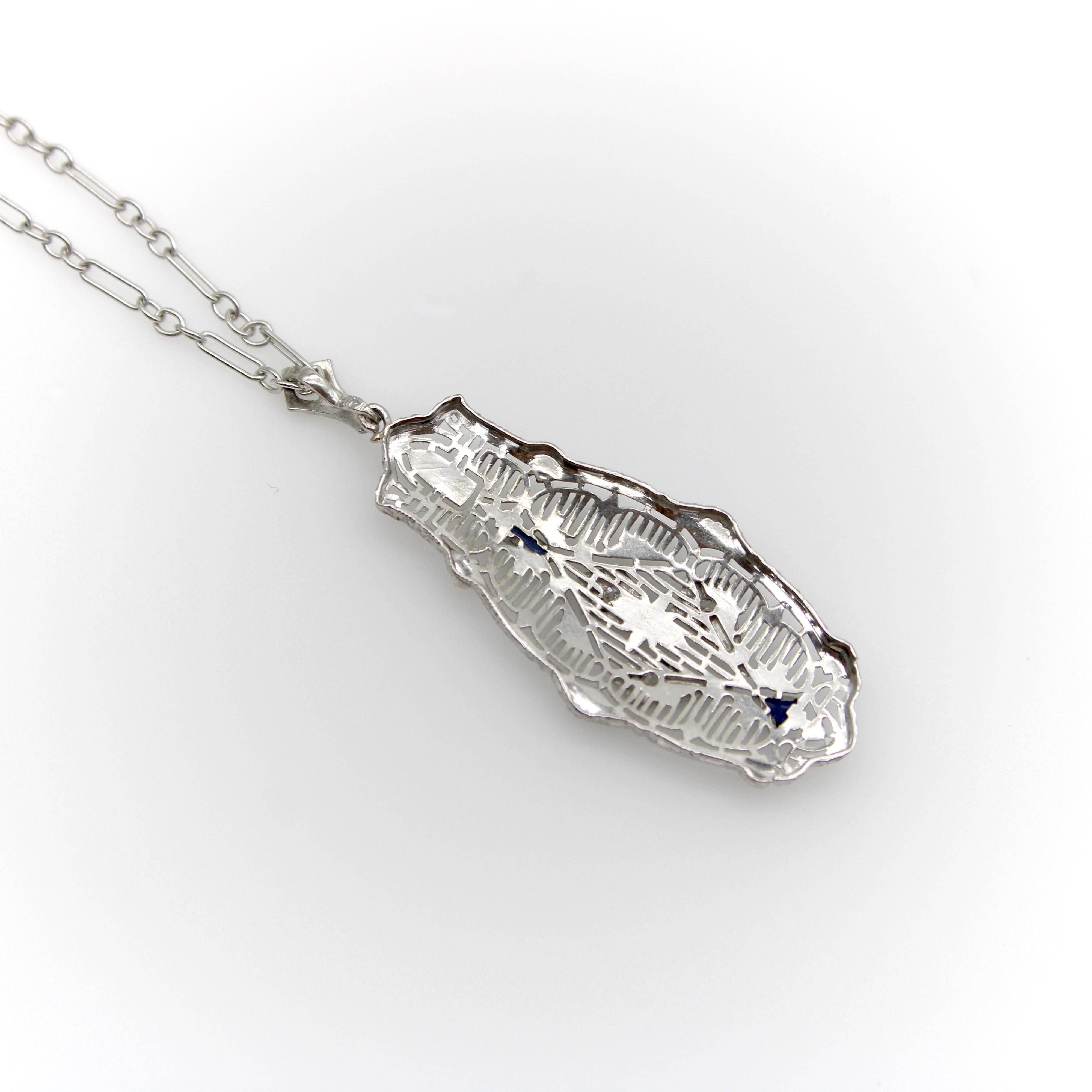 Art Deco 14K Gold Filigree Pendant Necklace with Diamonds and Sapphires 2