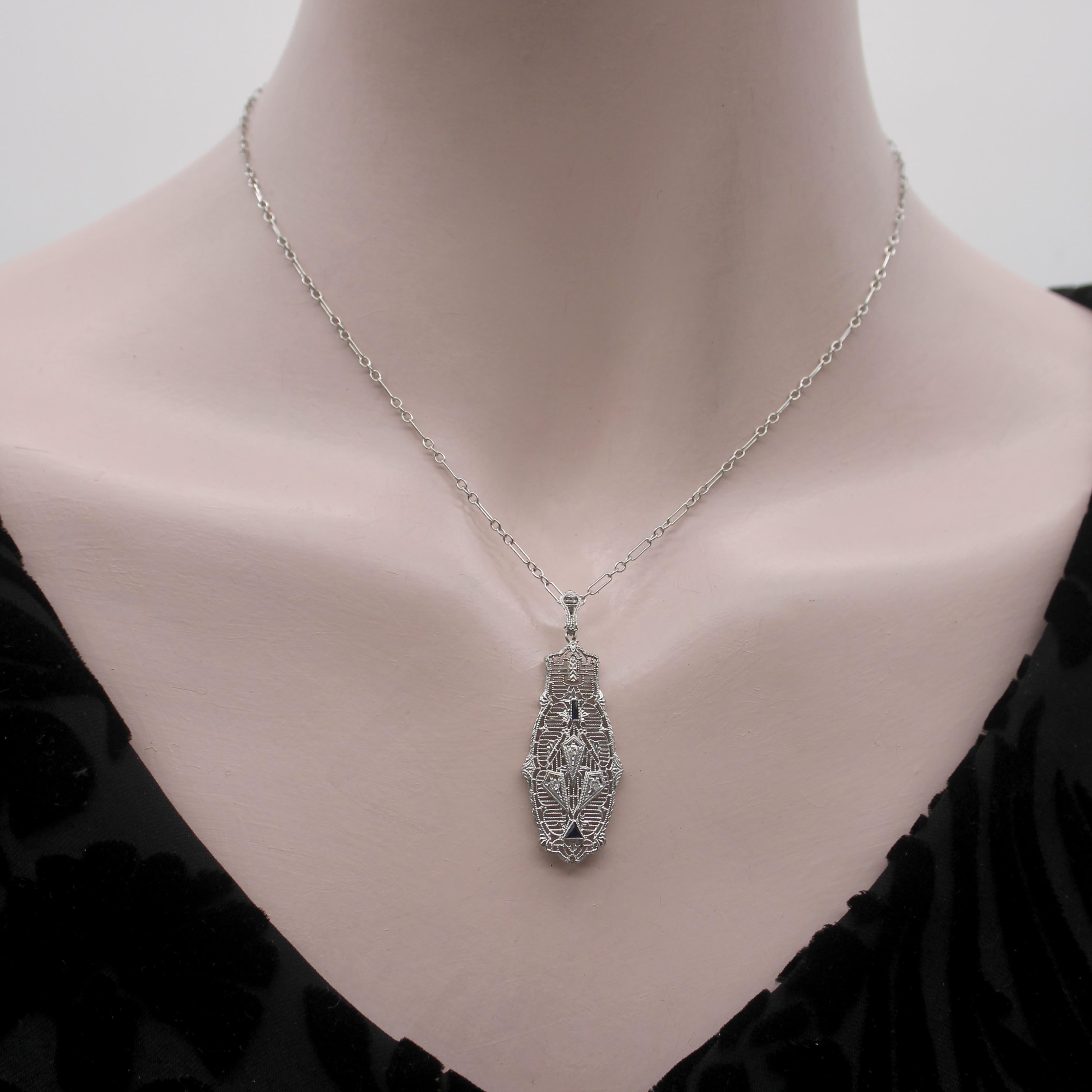 Art Deco 14K Gold Filigree Pendant Necklace with Diamonds and Sapphires 3