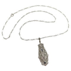 Art Deco 14K Gold Filigree Pendant Necklace with Diamonds and Sapphires