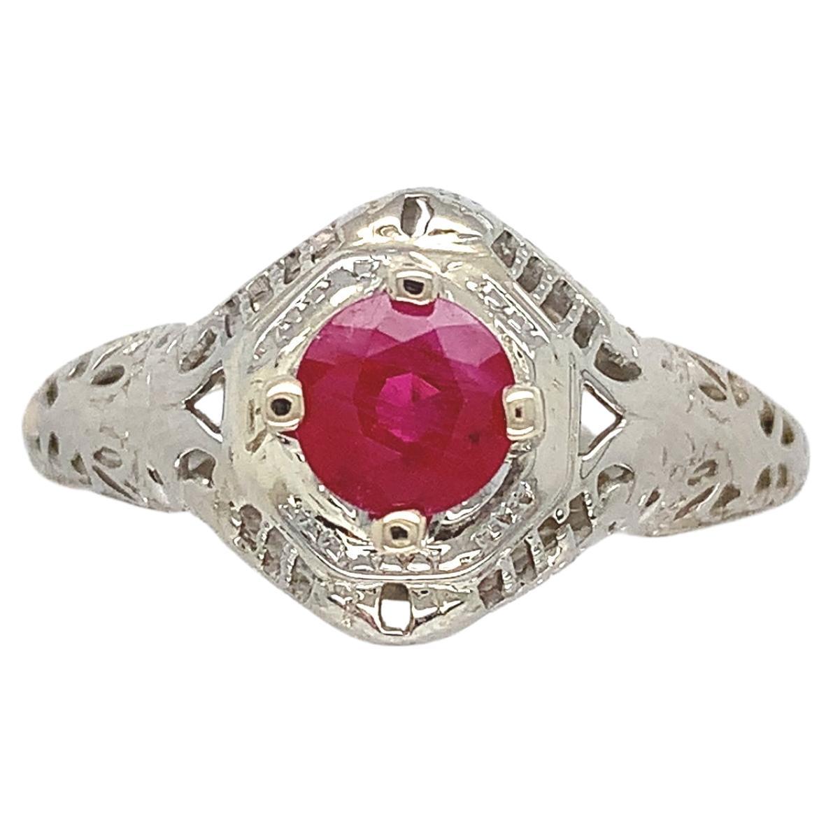 Art Deco 14K Gold Filigree Ring with .66ct Round Ruby For Sale