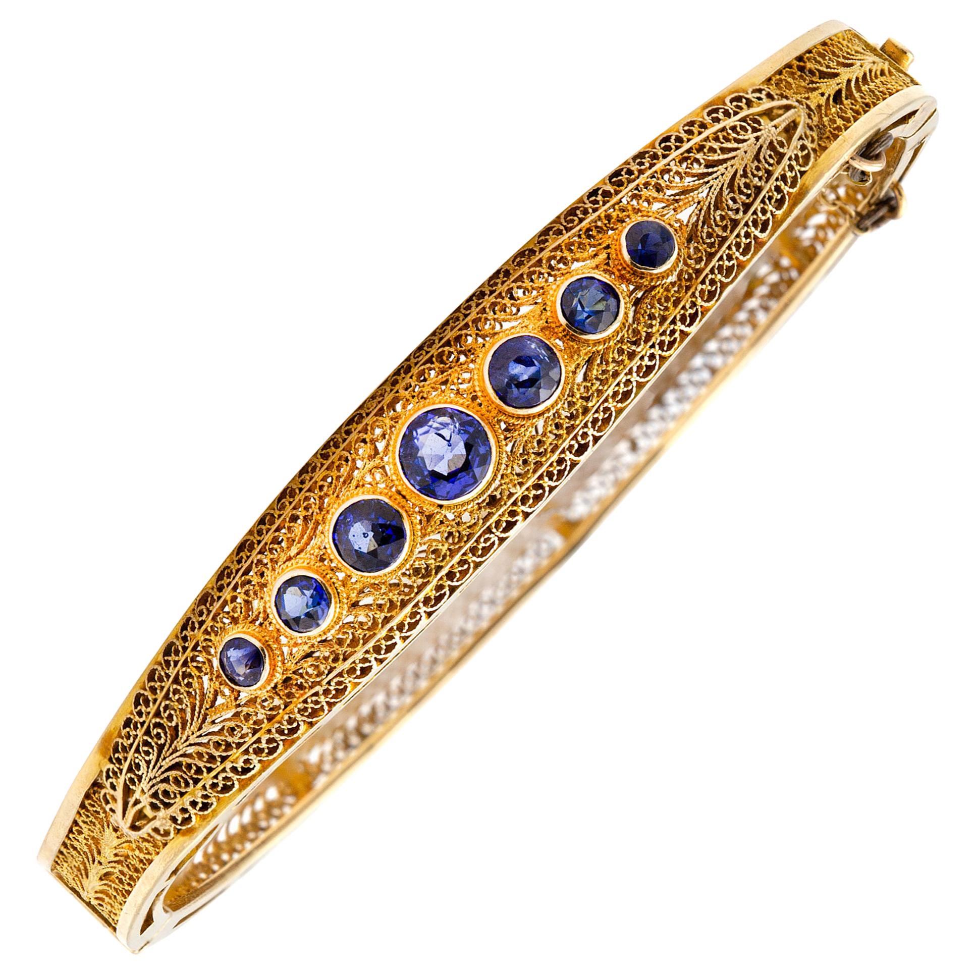 Art-déco-Armband mit Scharnier aus 14 Karat Gold und Saphiren im Angebot