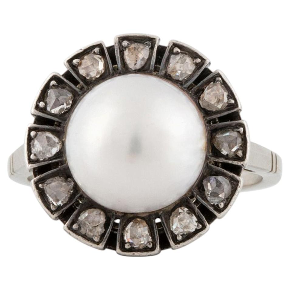 Art Deco 14k Gold Mabe Pearl Diamond Ring, Circa 1930s, Size 5.75 For Sale