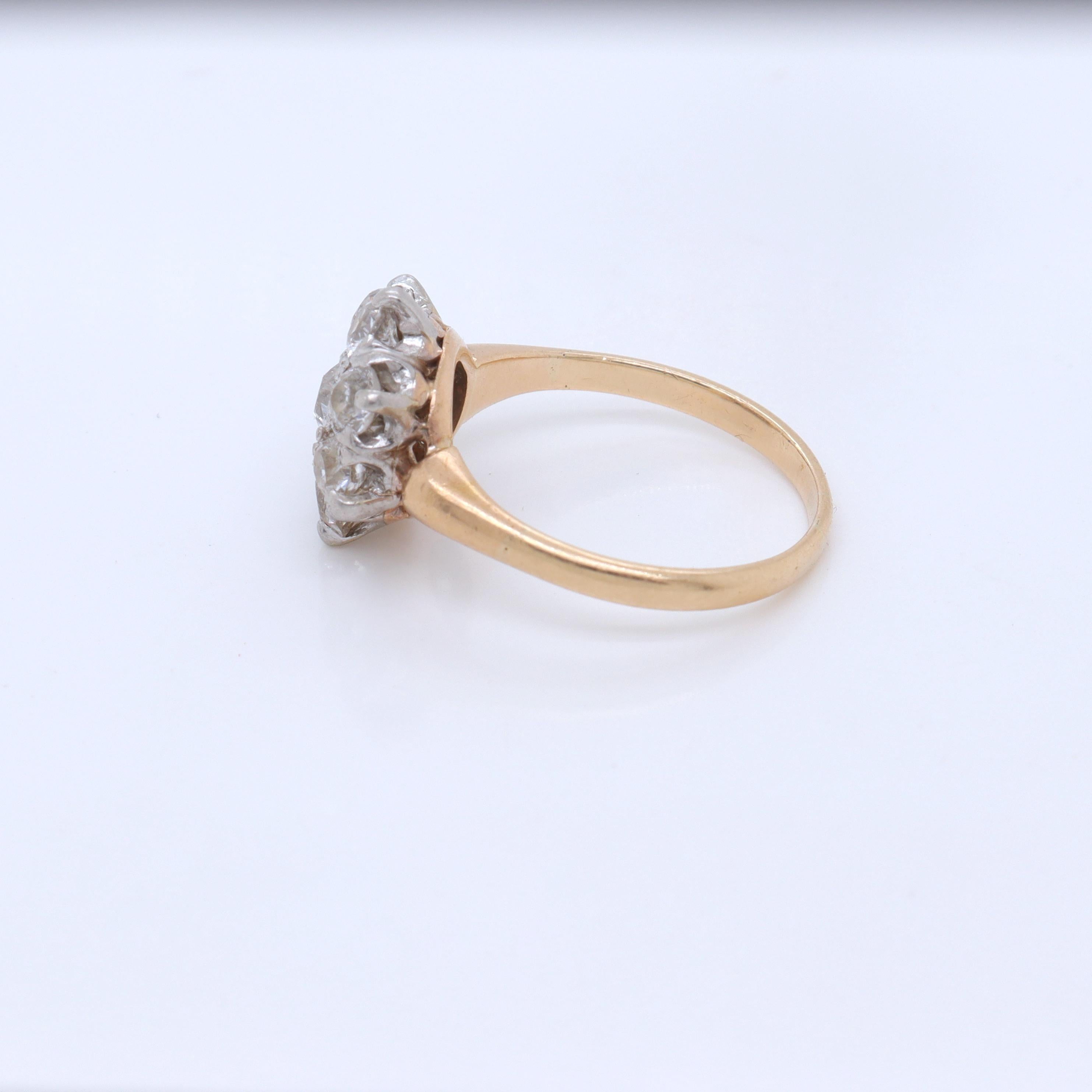 Art Deco 14K Gold & Old European Cut Diamond Cluster Cocktail Ring In Fair Condition In Philadelphia, PA