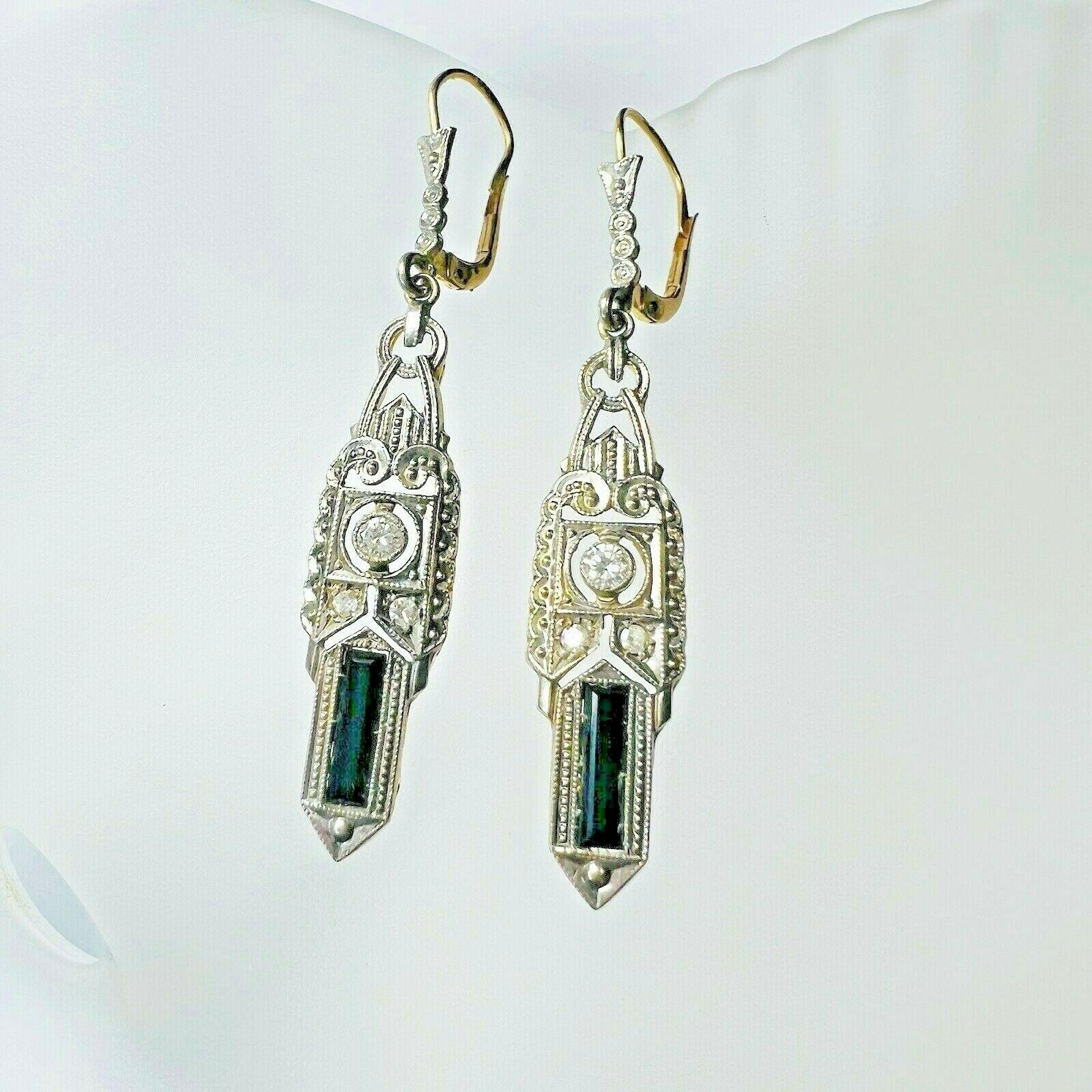 Presenting a:

Art Deco 14K Gold Onyx & Diamond Filigree Dangle Drop Lever Back Earrings 1.75