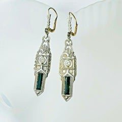 Art Deco 14K Gold Onyx & Diamond Filigree Dangle Drop Lever Back Earrings