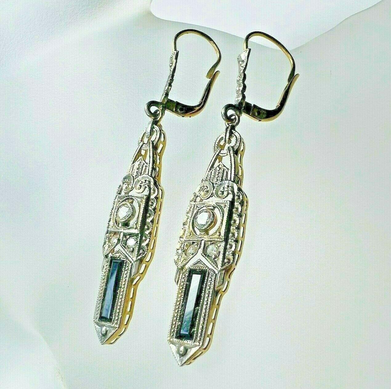 Art Deco 14K Gold Onyx & Diamond Filigree Dangle Drop Lever Back Earrings In Excellent Condition For Sale In Addison, TX