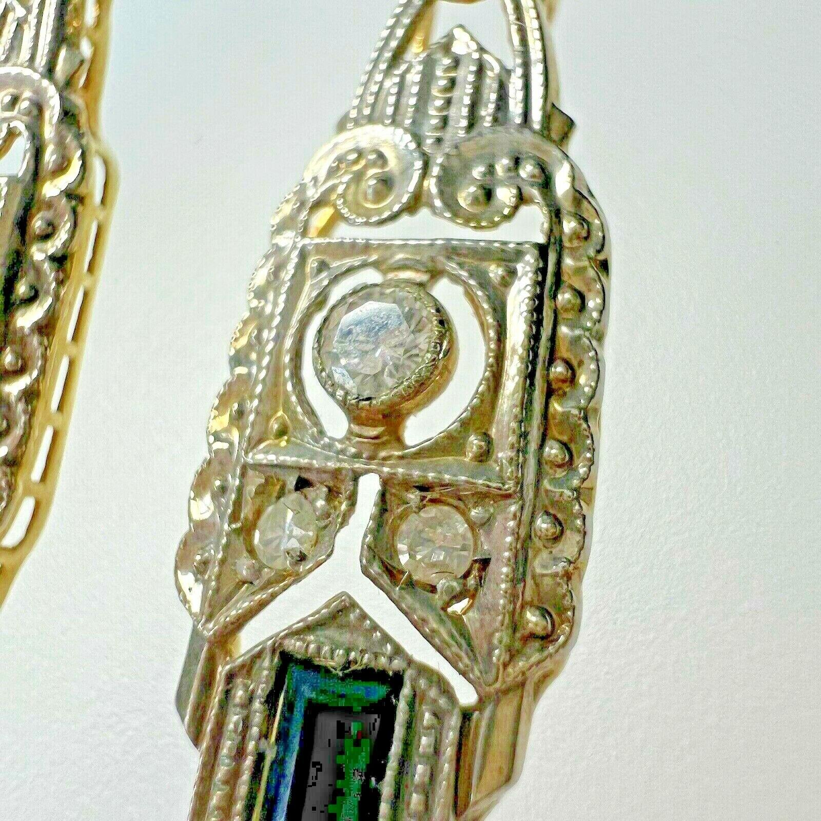 Women's Art Deco 14K Gold Onyx & Diamond Filigree Dangle Drop Lever Back Earrings For Sale