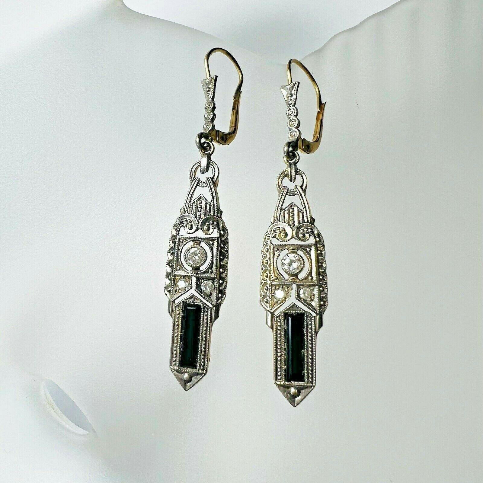 Art Deco 14K Gold Onyx & Diamond Filigree Dangle Drop Lever Back Earrings For Sale 1