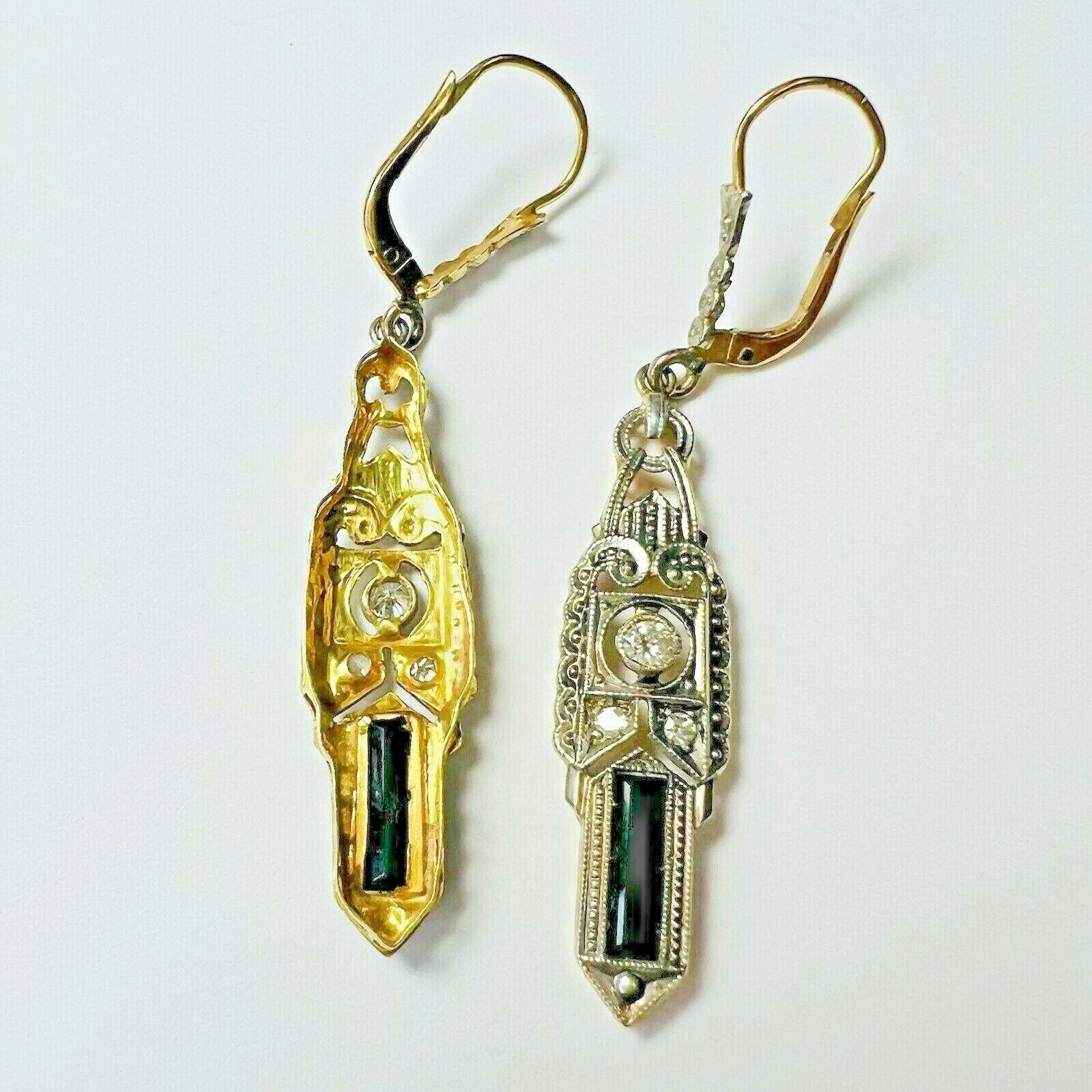 Art Deco 14K Gold Onyx & Diamond Filigree Dangle Drop Lever Back Earrings For Sale 3
