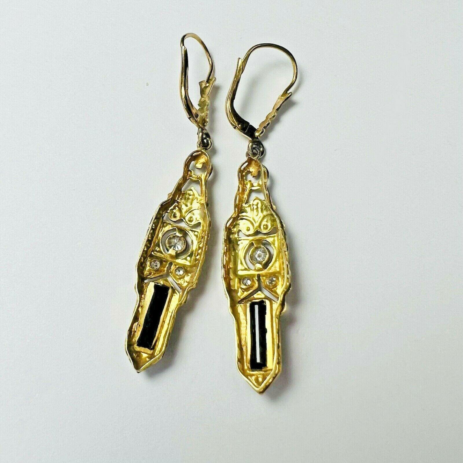 Art Deco 14K Gold Onyx & Diamond Filigree Dangle Drop Lever Back Earrings For Sale 4