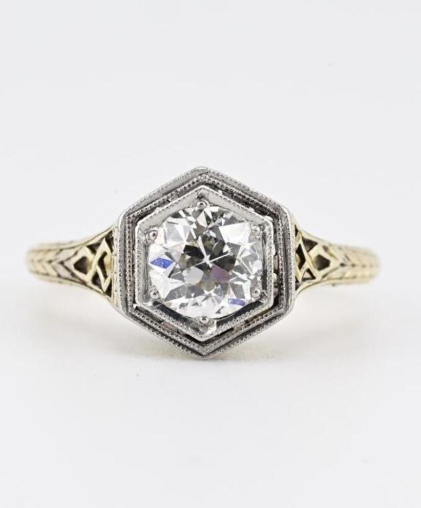 Bague de fiançailles Art Déco en or 14K Platine Diamant .80ct VS-SI1 Taille 5.5 Bon état - En vente à Media, PA