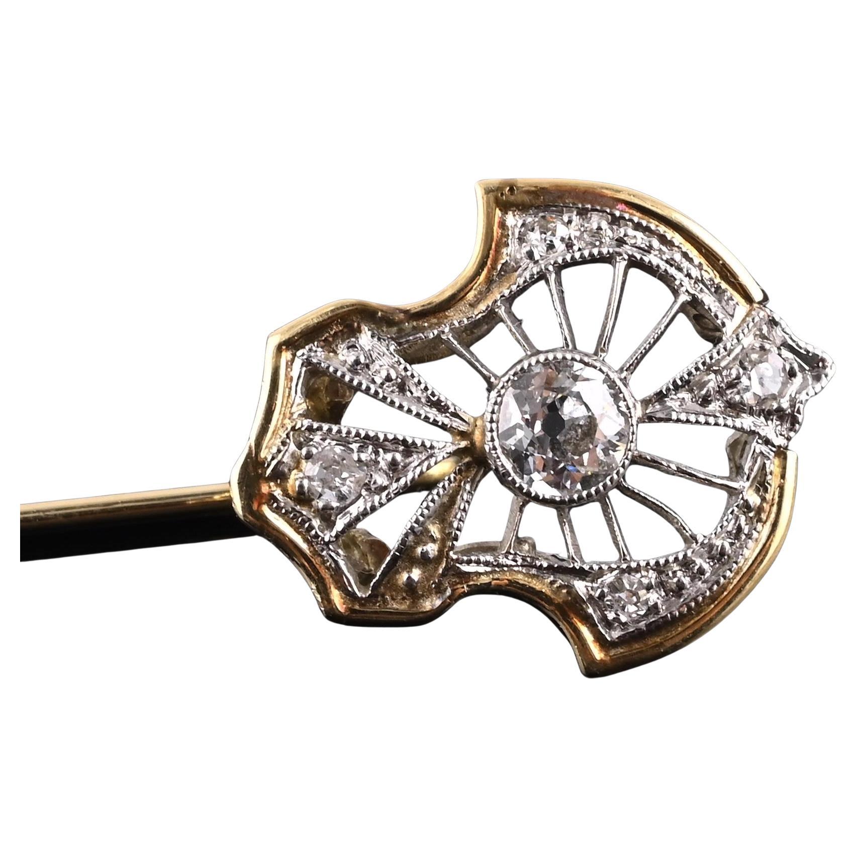 Spilla a bastone in oro 14K e platino con diamanti Old Euro Cut, cravatta da bavero antica