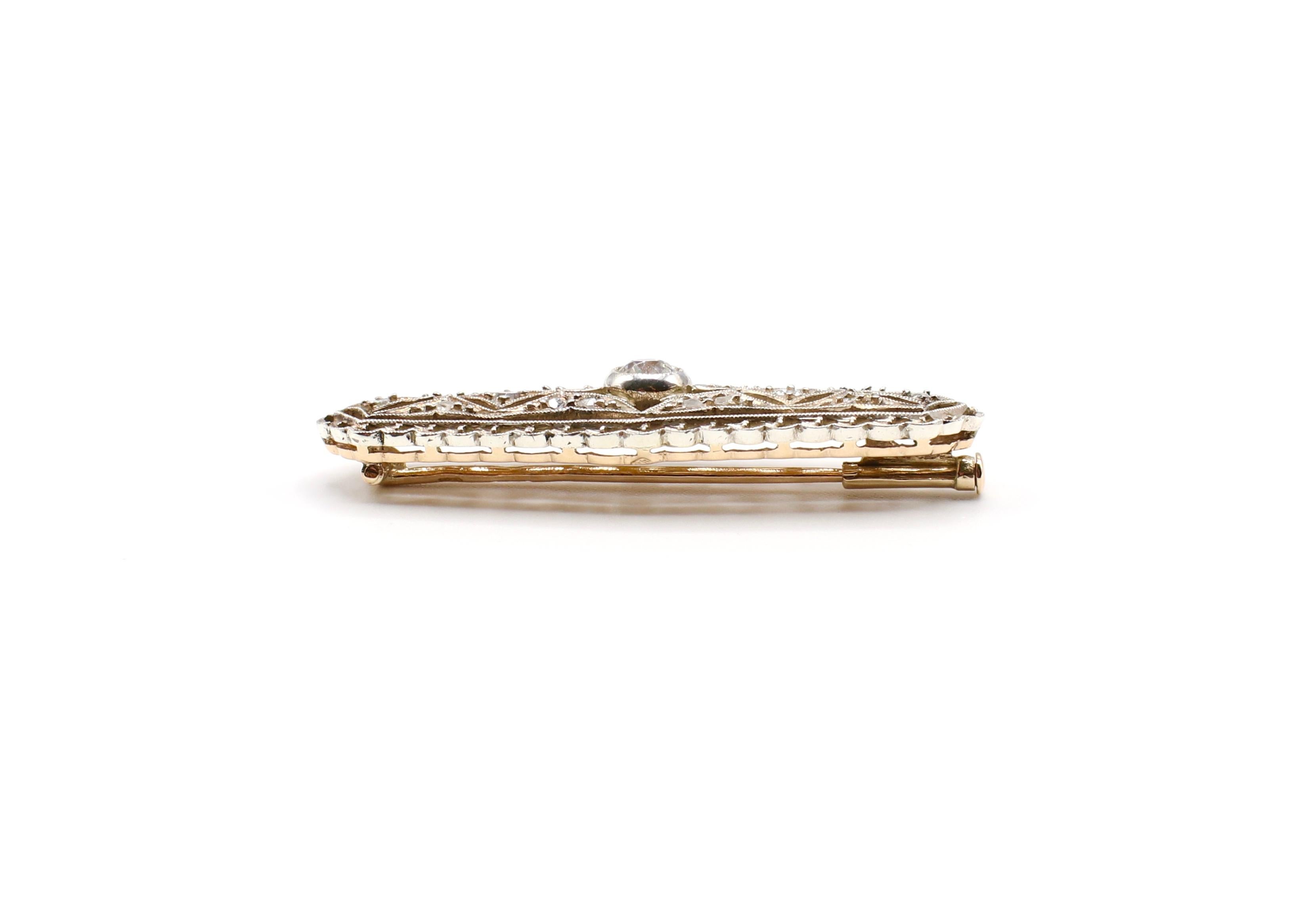 Art Deco 14 Karat Gold & Sterling Silver Top Old European Cut Diamond Pin Brooch 7