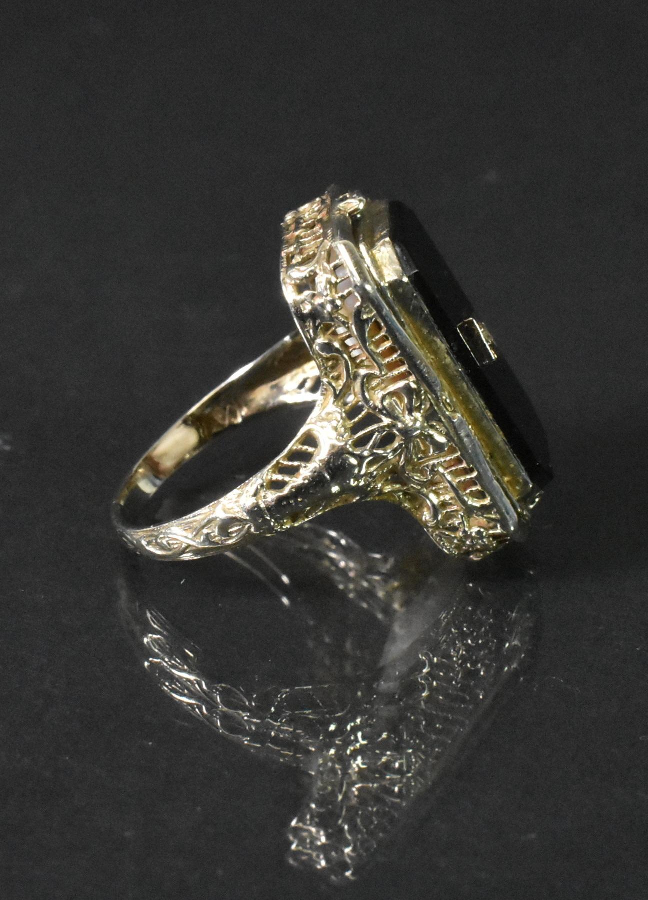 Early 20th Century Art Deco 14k Onyx and Diamond Cameo Flip Reversible Ring, Size 6 3/4