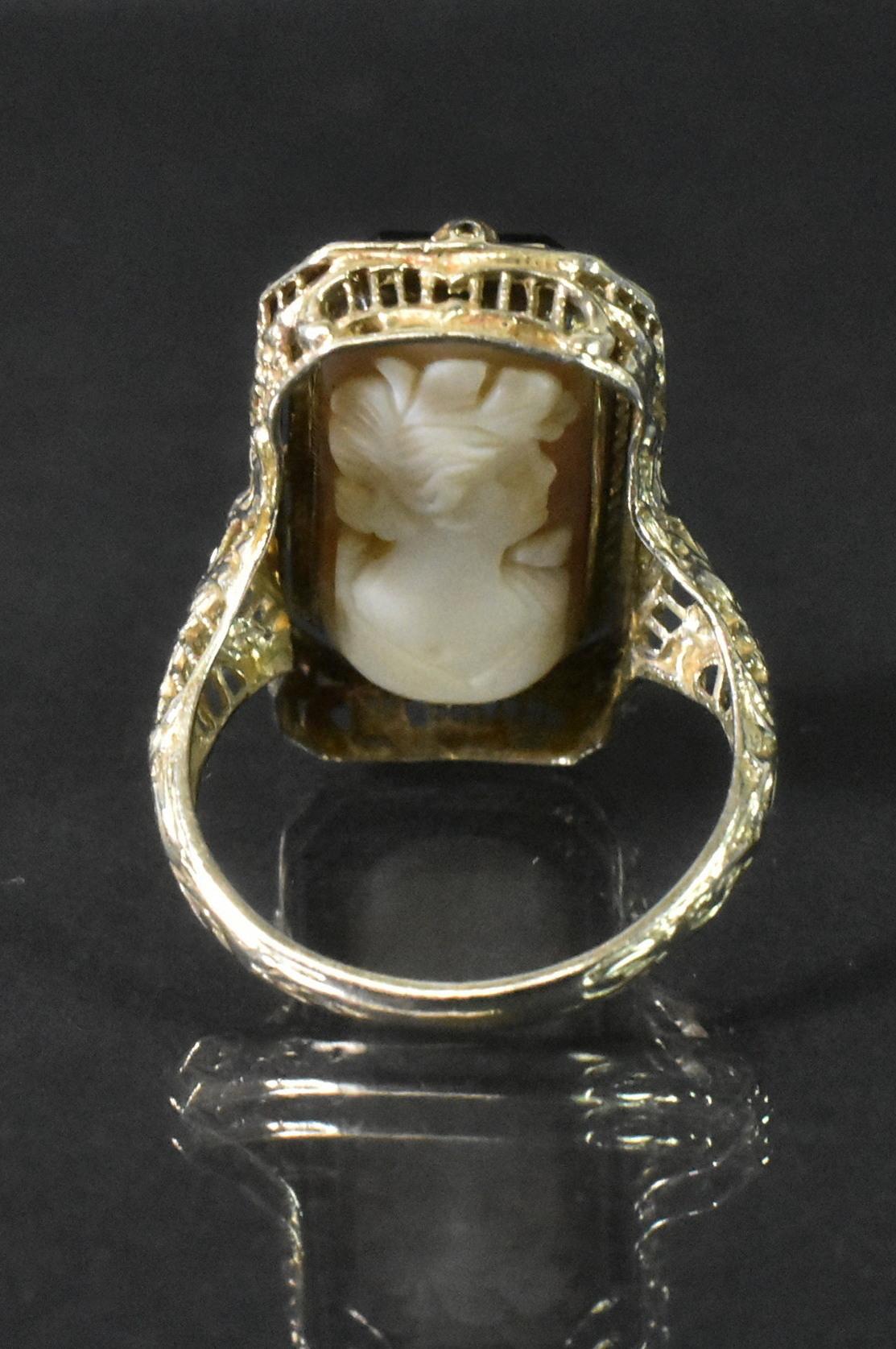Gold Art Deco 14k Onyx and Diamond Cameo Flip Reversible Ring, Size 6 3/4