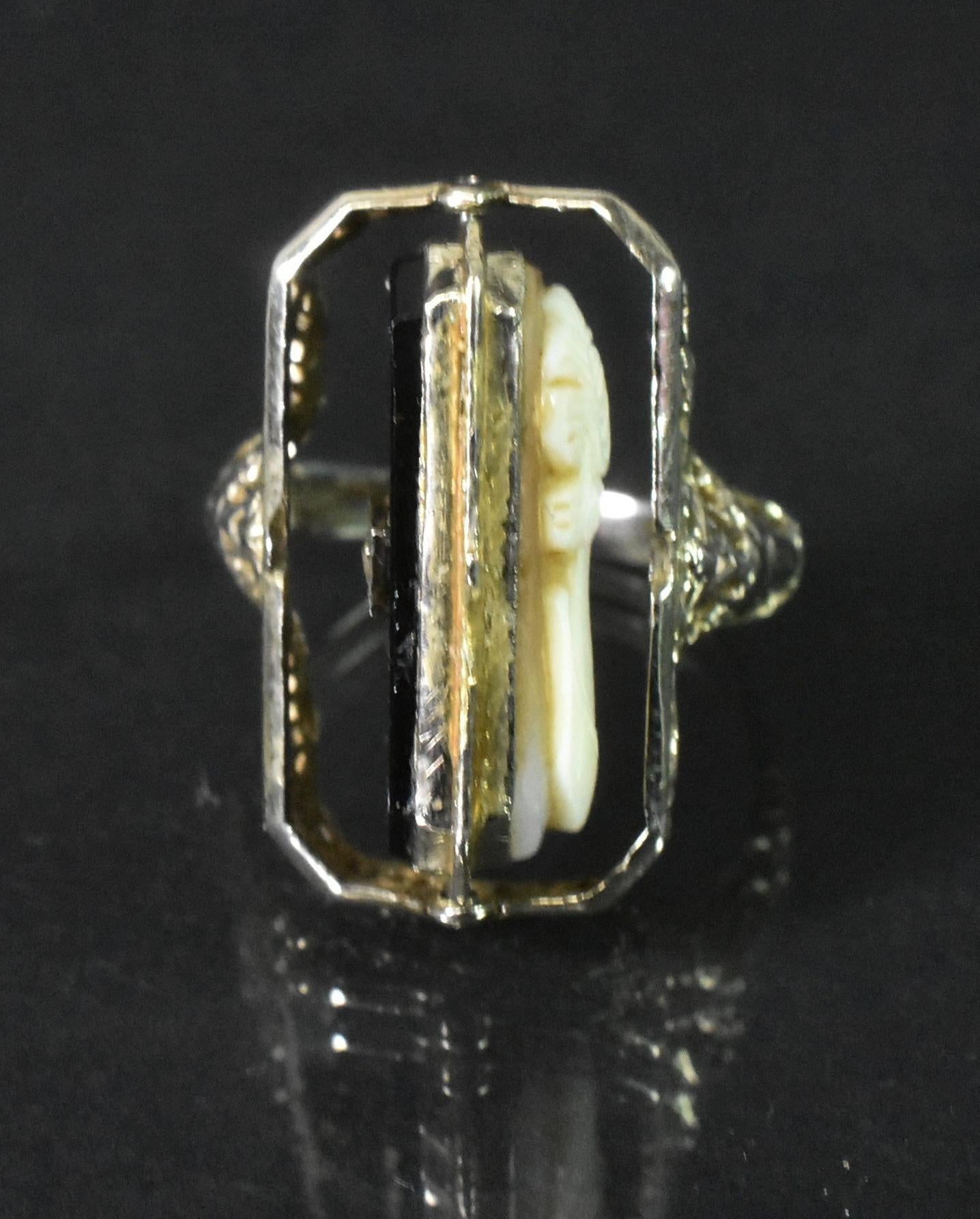 Art Deco 14k Onyx and Diamond Cameo Flip Reversible Ring, Size 6 3/4 1