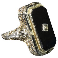 Anello reversibile con cammeo in onice e diamanti Art Deco 14k, misura 6 3/4