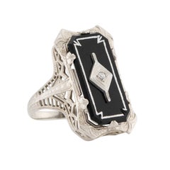 Art Deco 14k Onyx and Diamond Filigree Ring