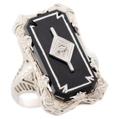 Art Deco 14k Onyx and Diamond Filigree Ring
