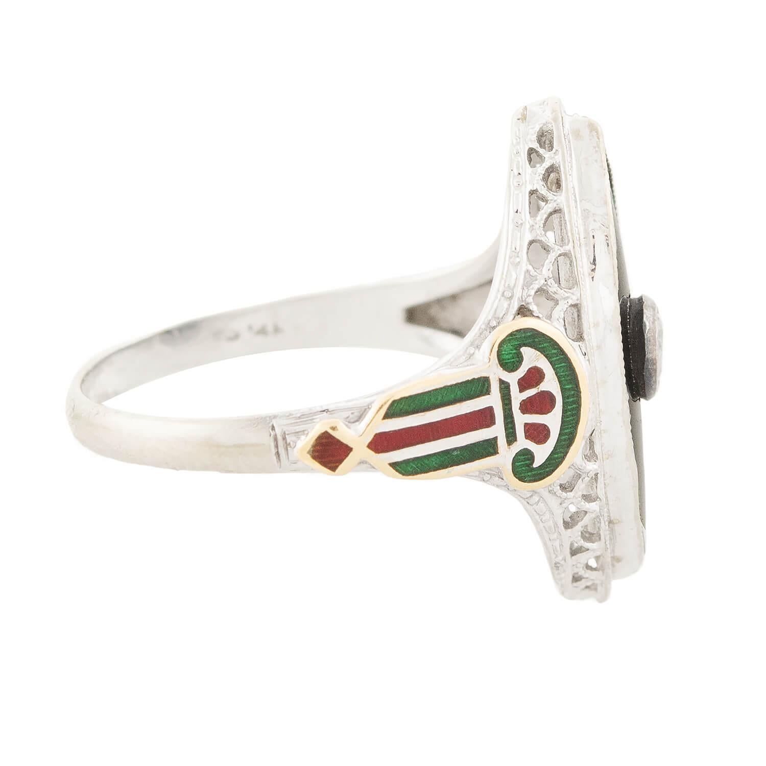 Art Deco 14k Onyx, Diamond, and Enamel Navette Ring (Art déco) im Angebot