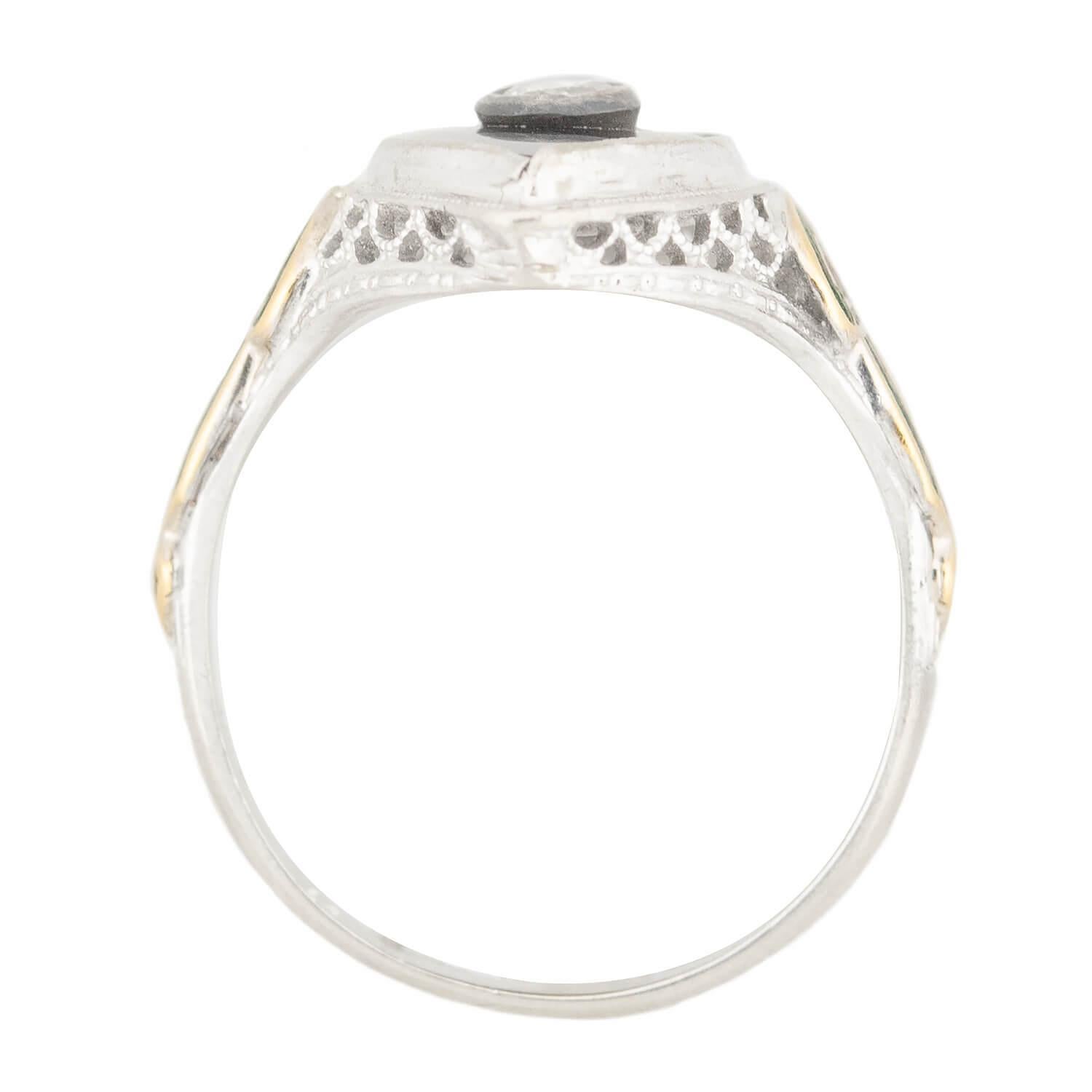 Art Deco 14k Onyx, Diamond, and Enamel Navette Ring (Cabochon) im Angebot
