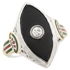Art Deco 14k Onyx, Diamond, and Enamel Navette Ring