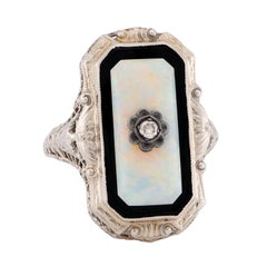 Art Deco 14k Opal, Onyx, and Diamond Filigree Ring