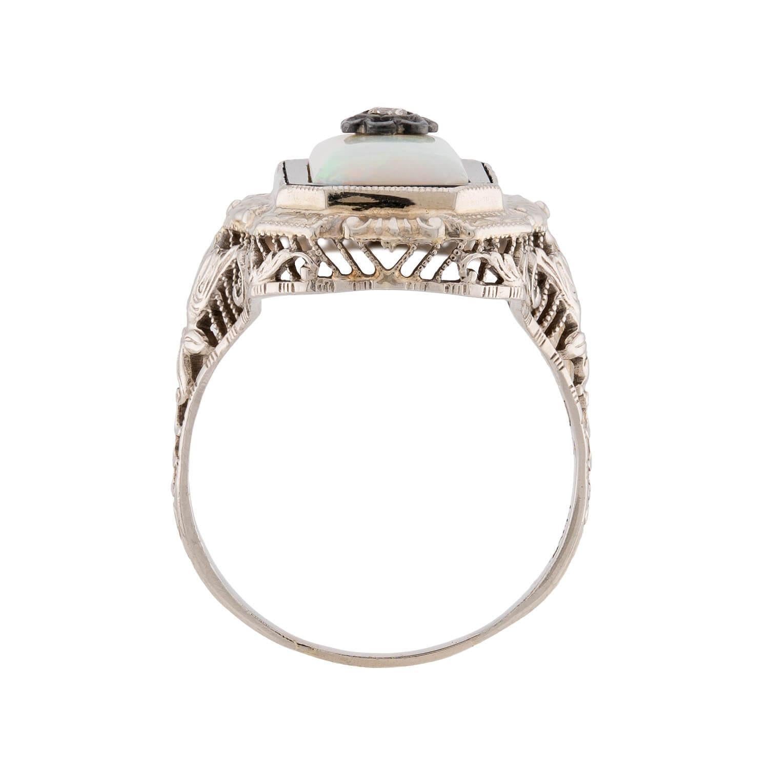 Single Cut Art Deco 14k Opal, Onyx, and Diamond Filigree Ring For Sale