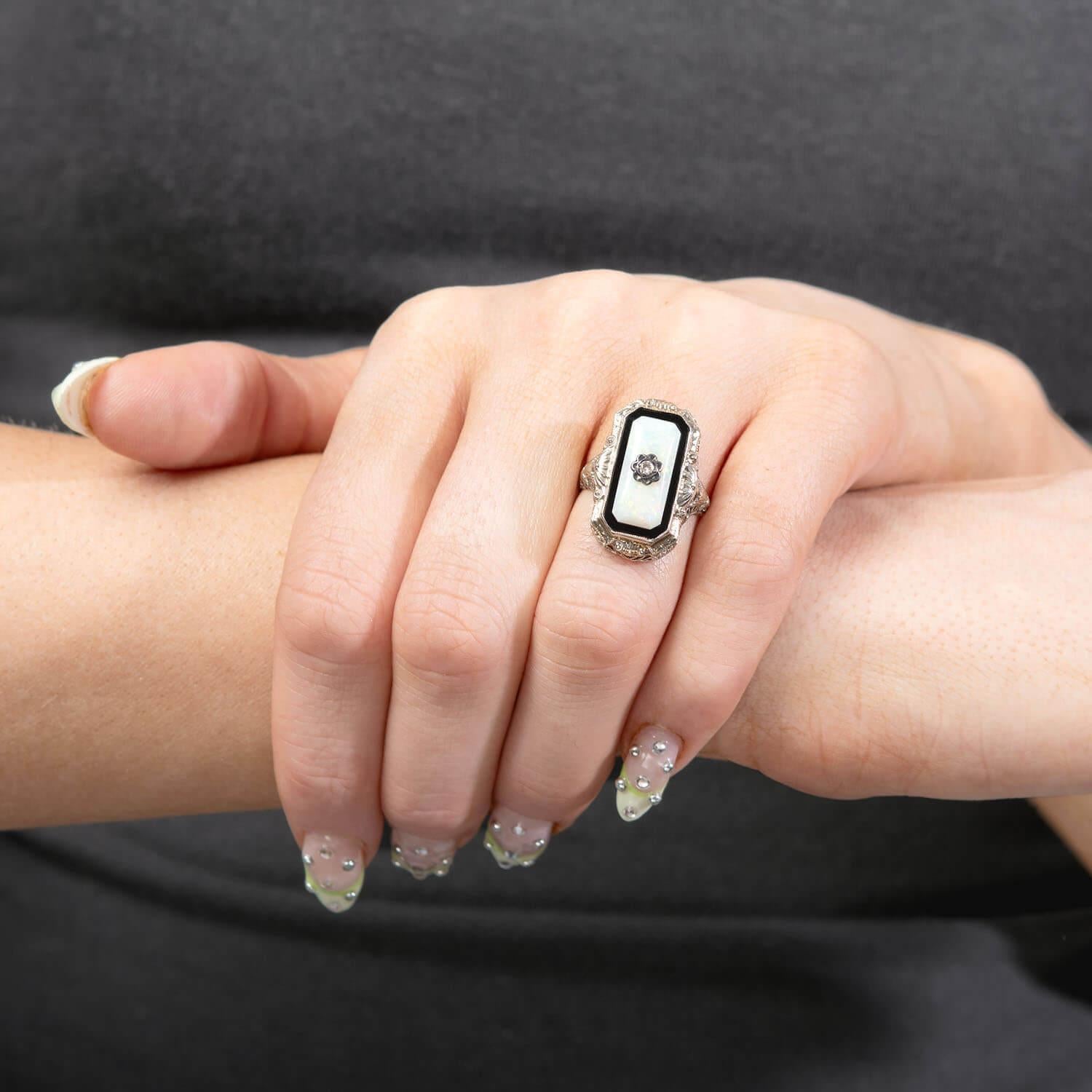 Women's Art Deco 14k Opal, Onyx, and Diamond Filigree Ring For Sale