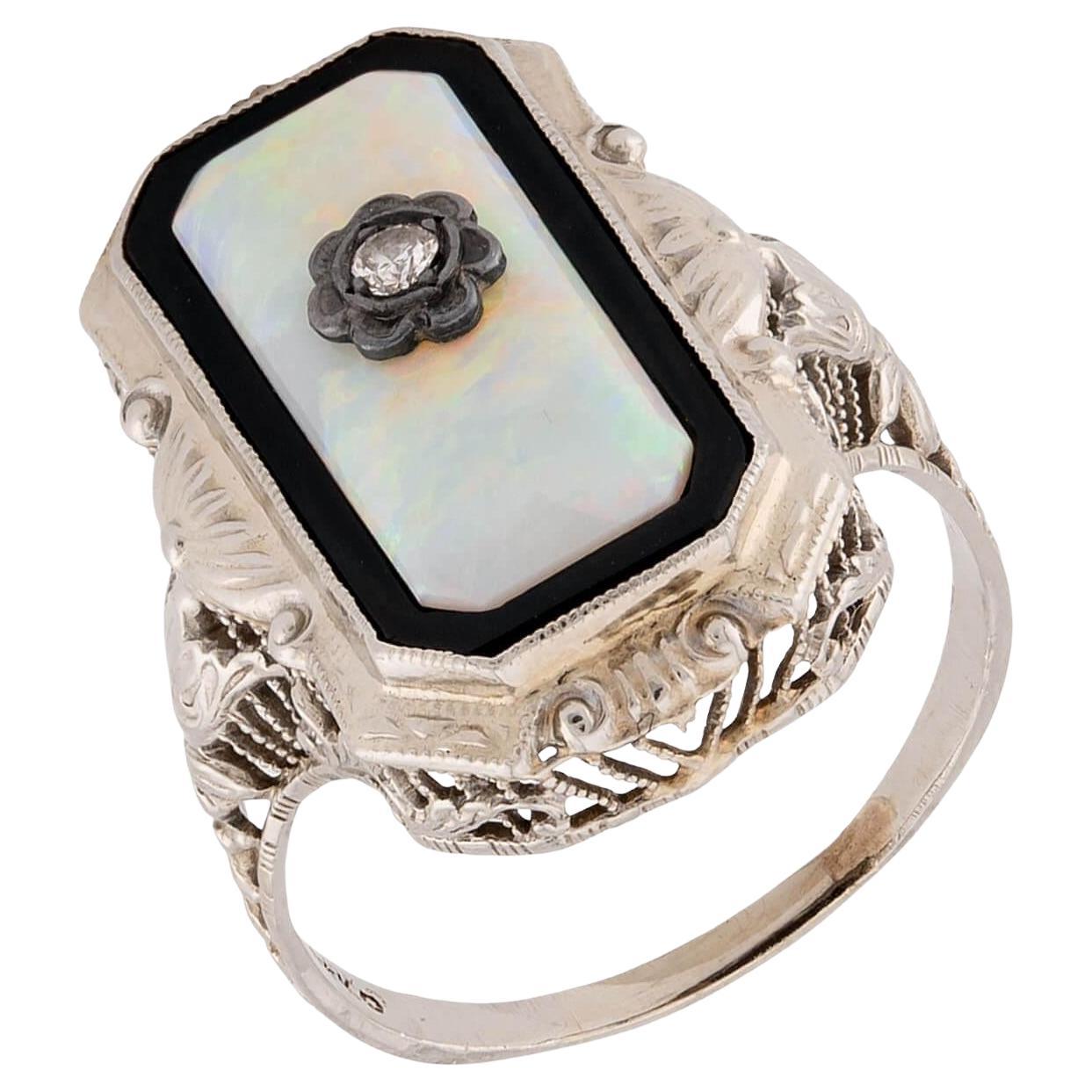 Art Deco 14k Opal, Onyx, and Diamond Filigree Ring For Sale