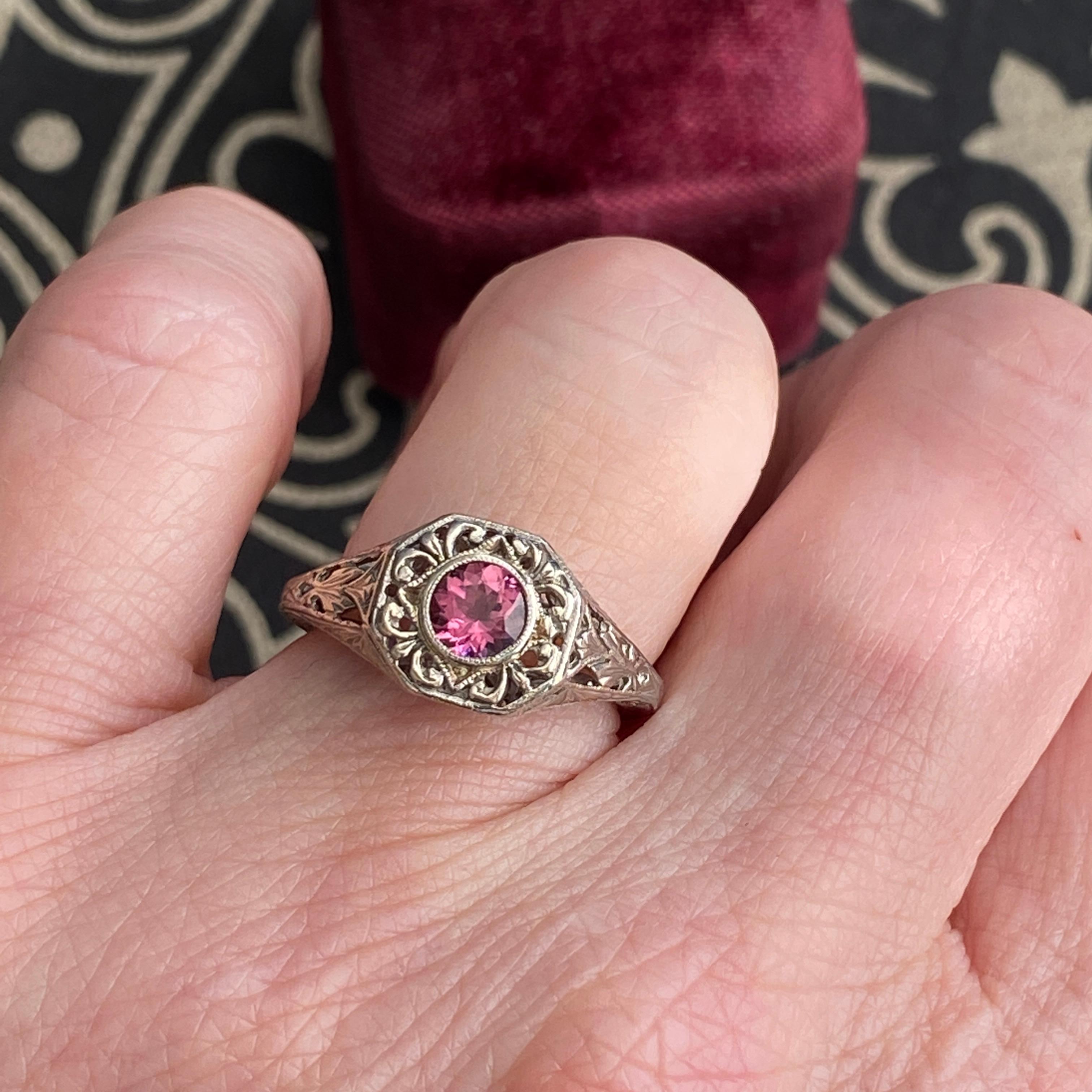 Art Deco 14k Pink Tourmaline Filigree Ring For Sale 6