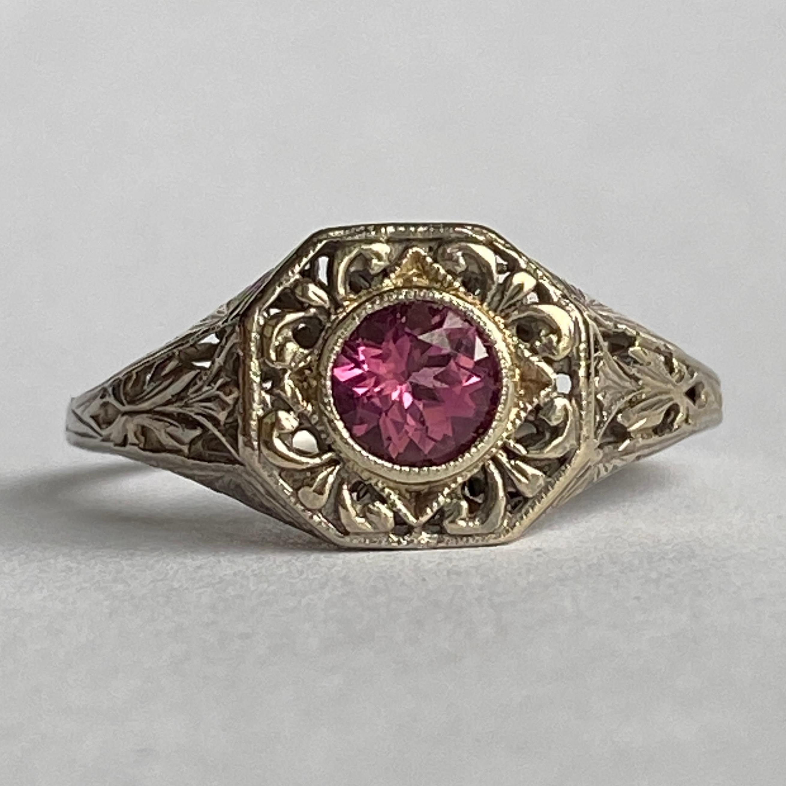 Art Deco 14k Pink Tourmaline Filigree Ring For Sale 7