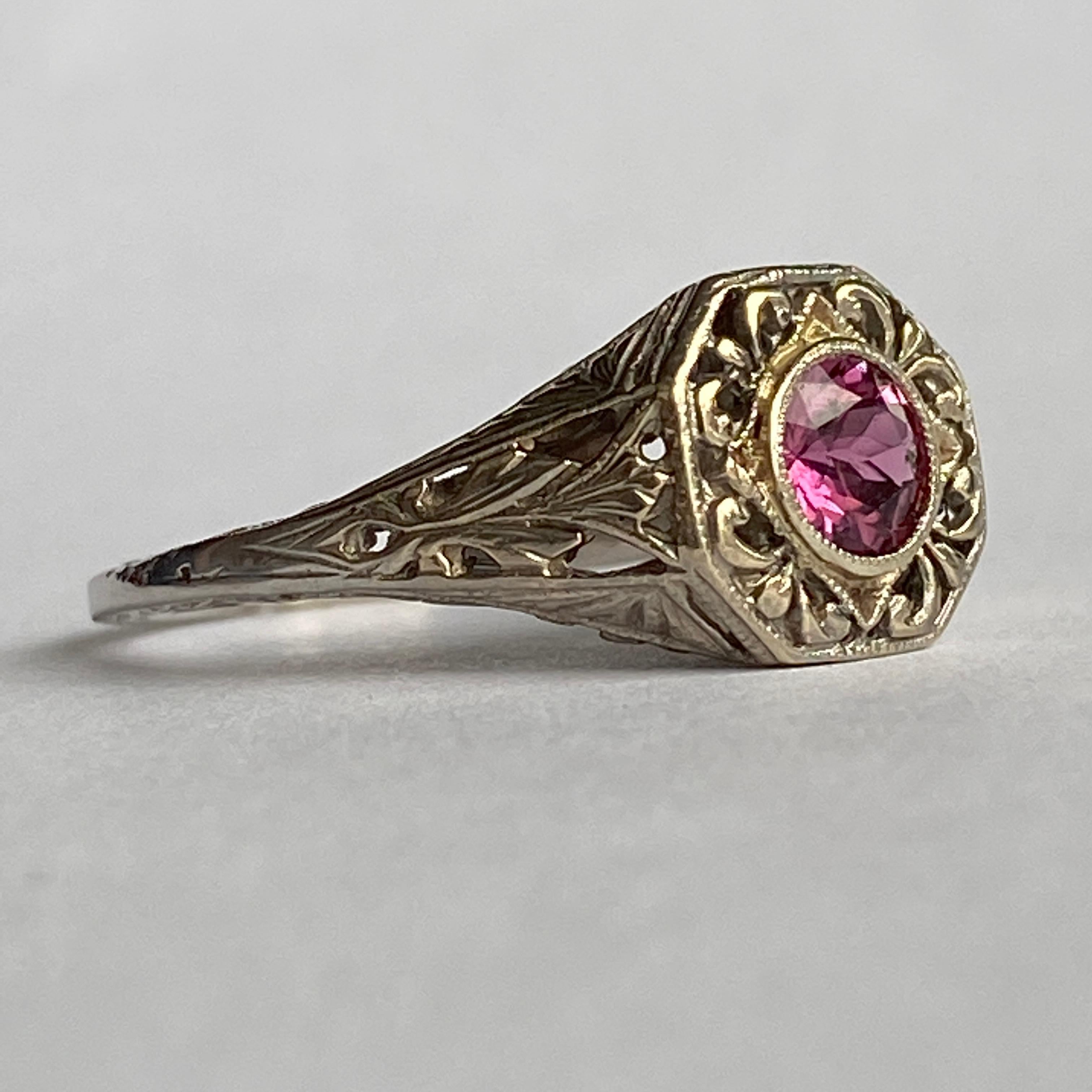 Art Deco 14k Pink Tourmaline Filigree Ring For Sale 8