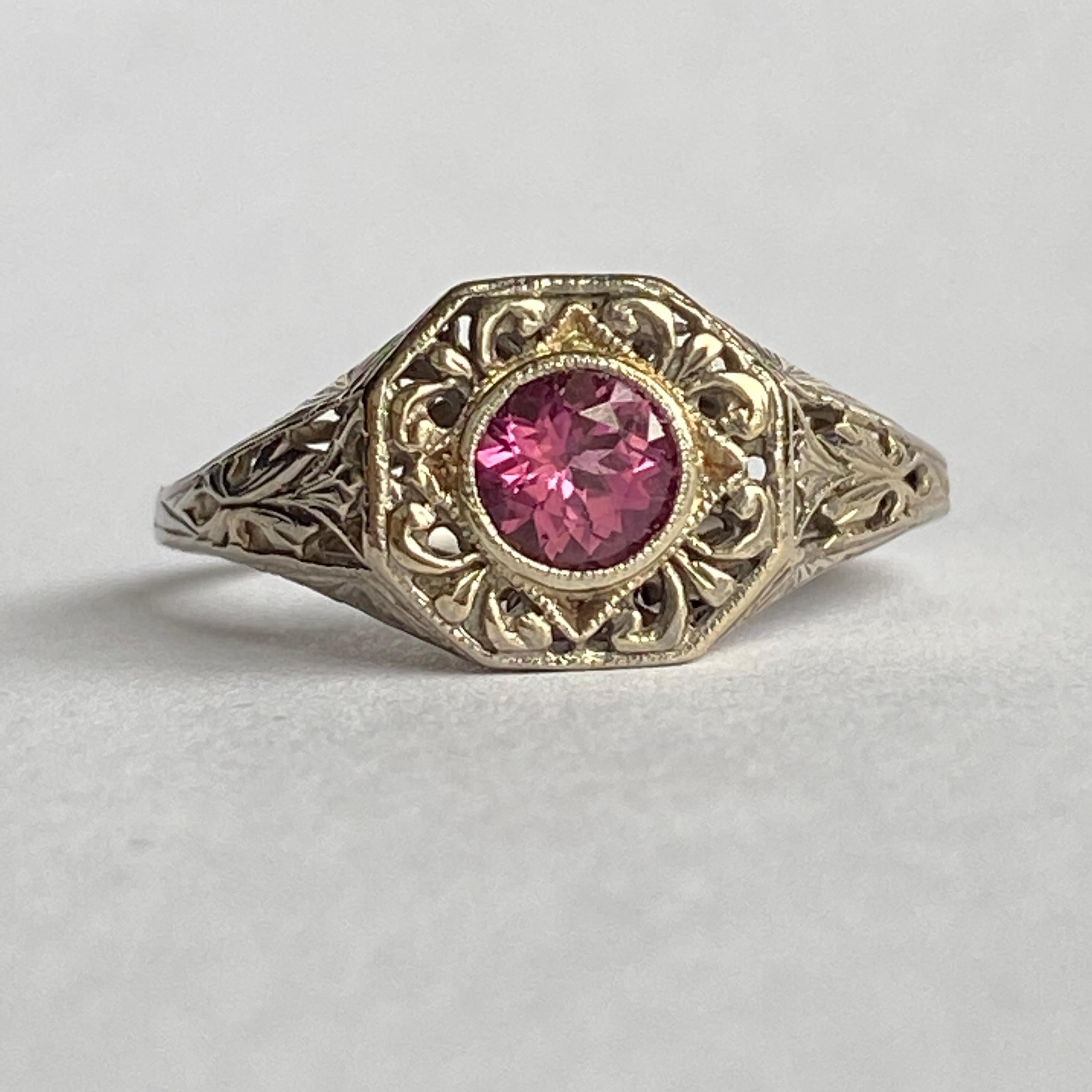 Art Deco 14k Pink Tourmaline Filigree Ring For Sale 9