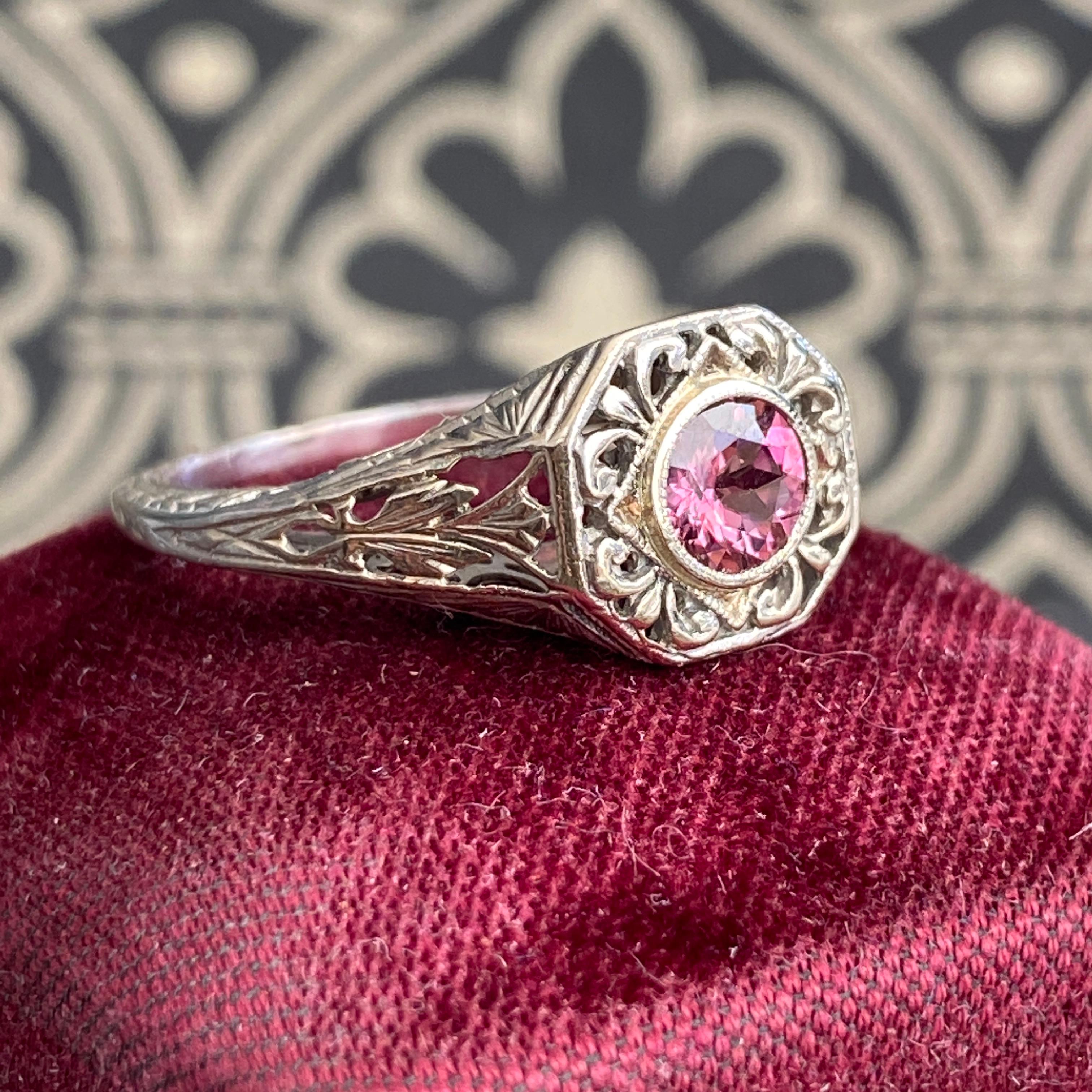 Round Cut Art Deco 14k Pink Tourmaline Filigree Ring For Sale