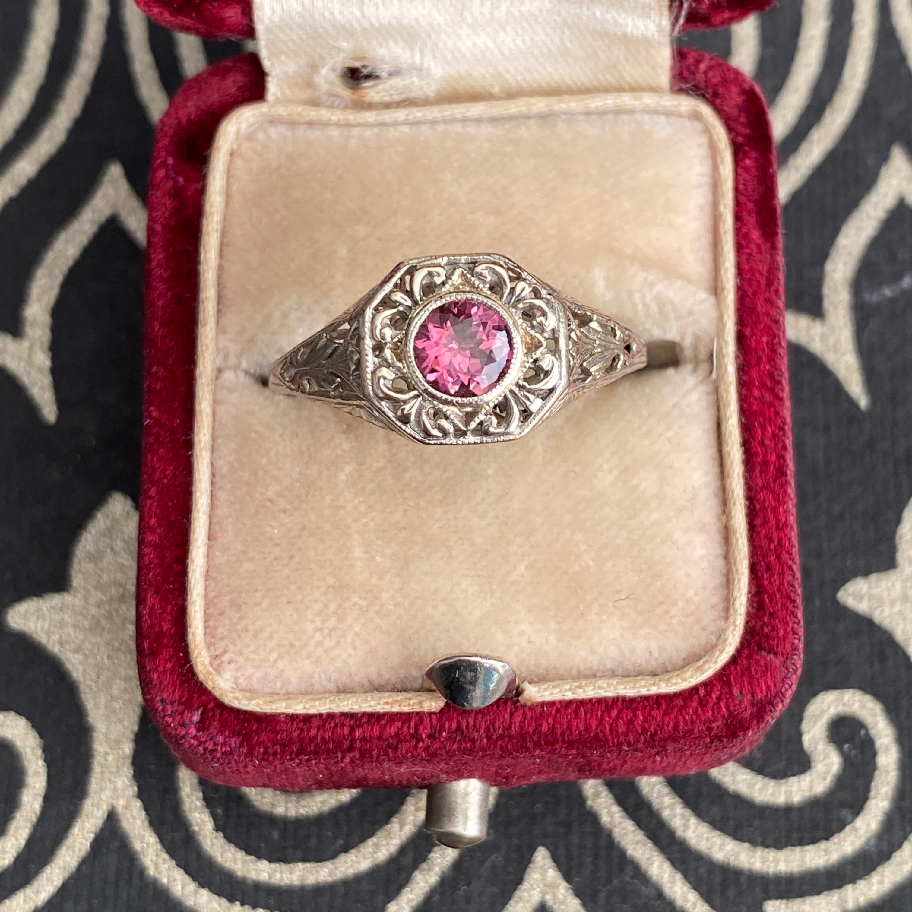 Art Deco 14k Pink Tourmaline Filigree Ring In Good Condition For Sale In Scotts Valley, CA