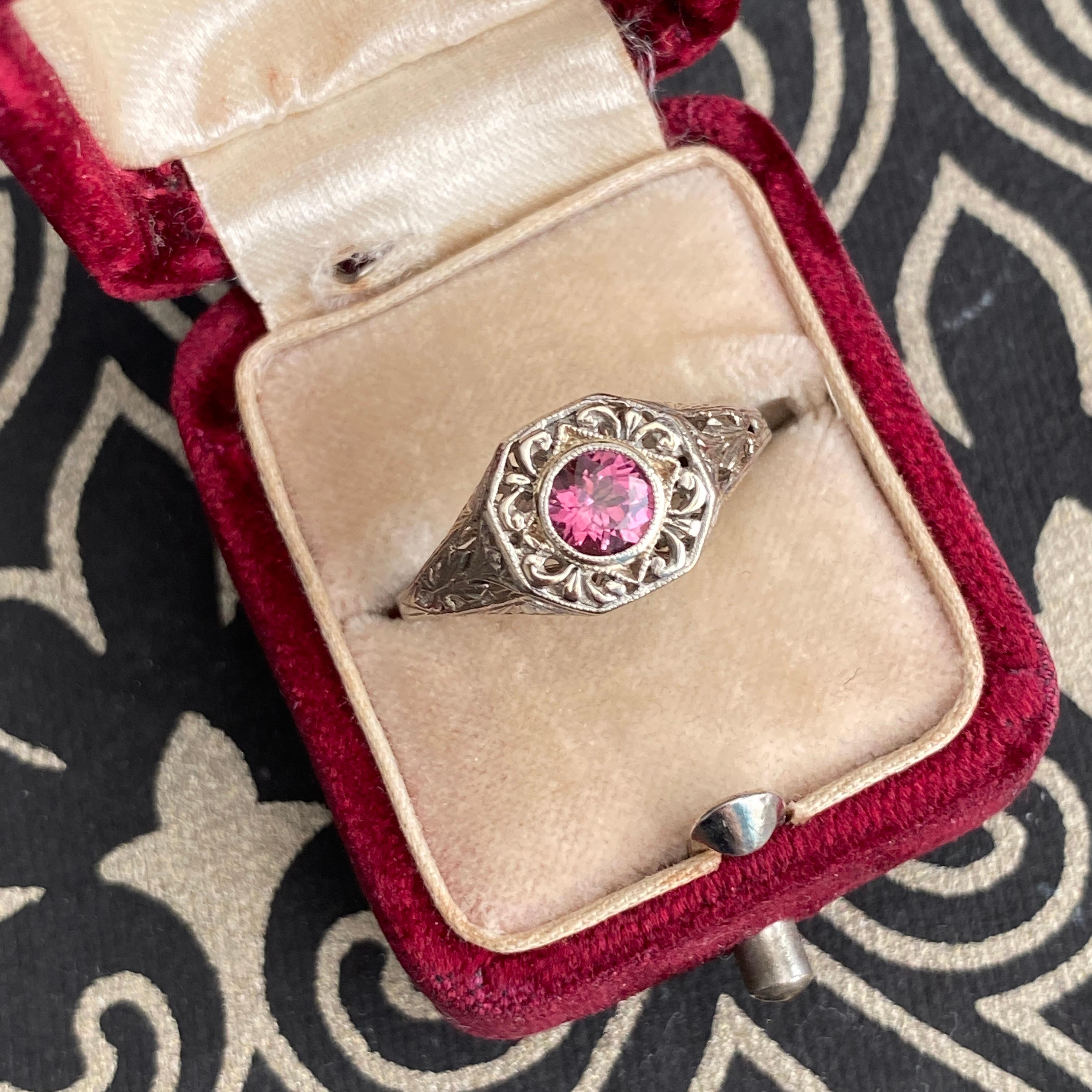 Women's Art Deco 14k Pink Tourmaline Filigree Ring For Sale