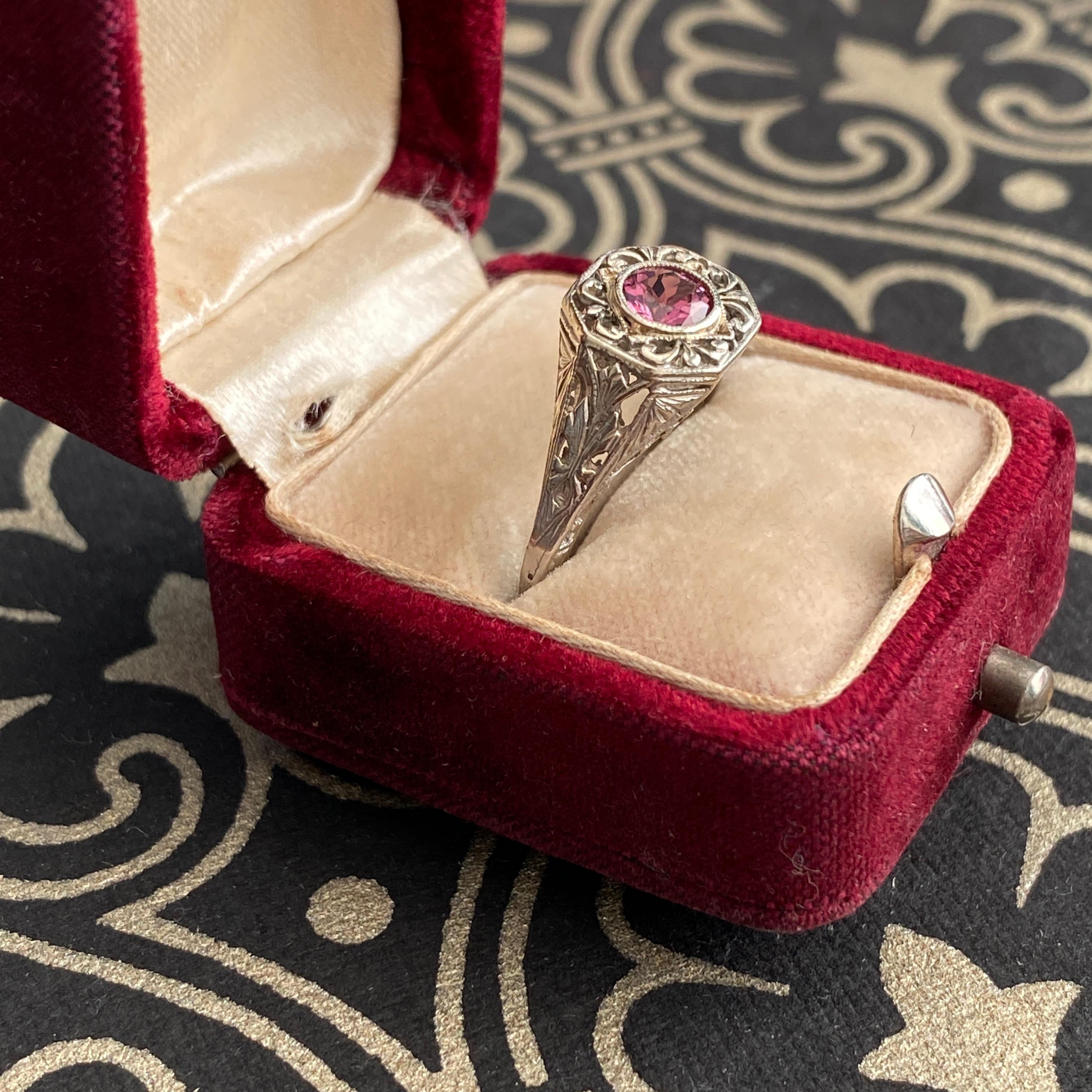 Art Deco 14k Pink Tourmaline Filigree Ring For Sale 1
