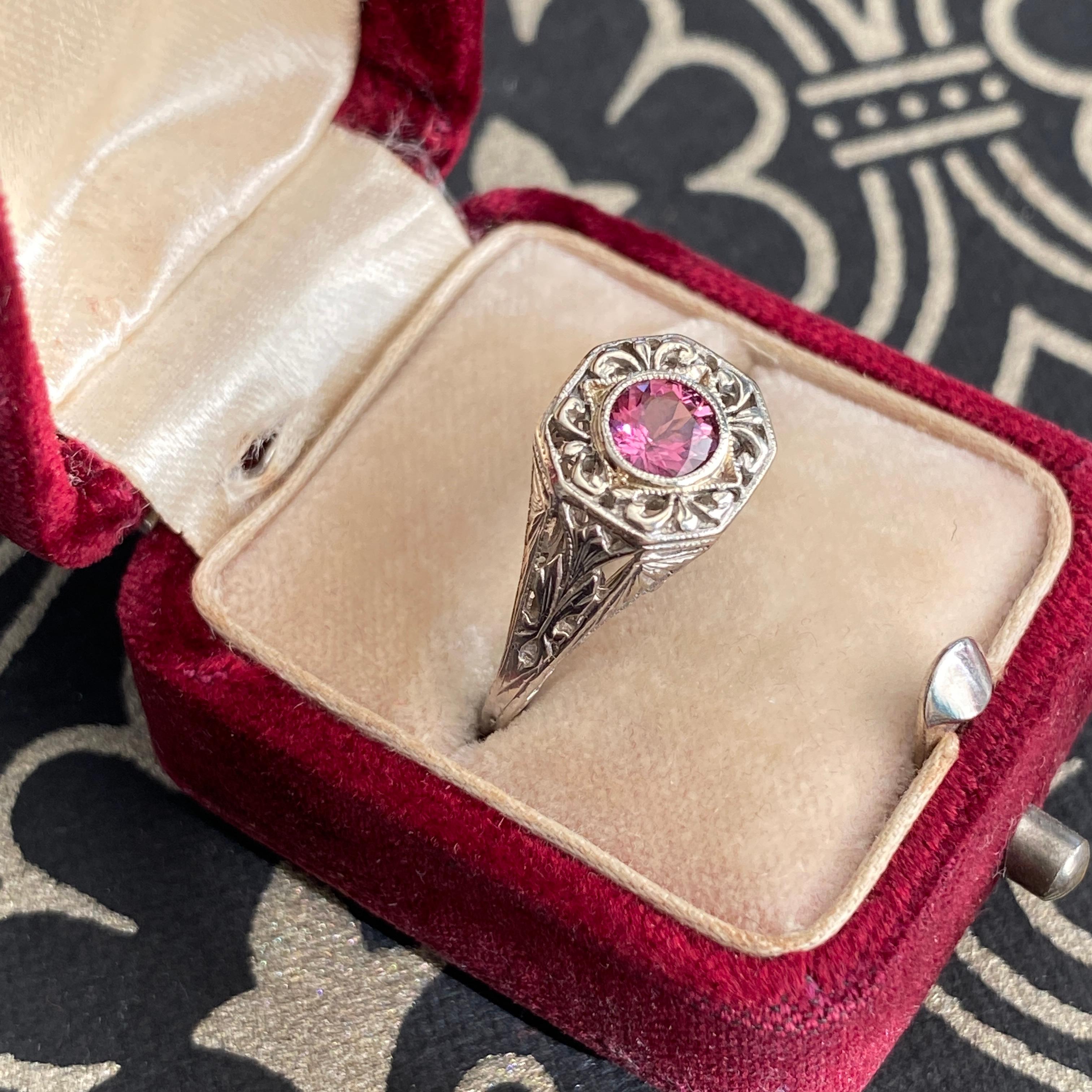 Art Deco 14k Pink Tourmaline Filigree Ring For Sale 2