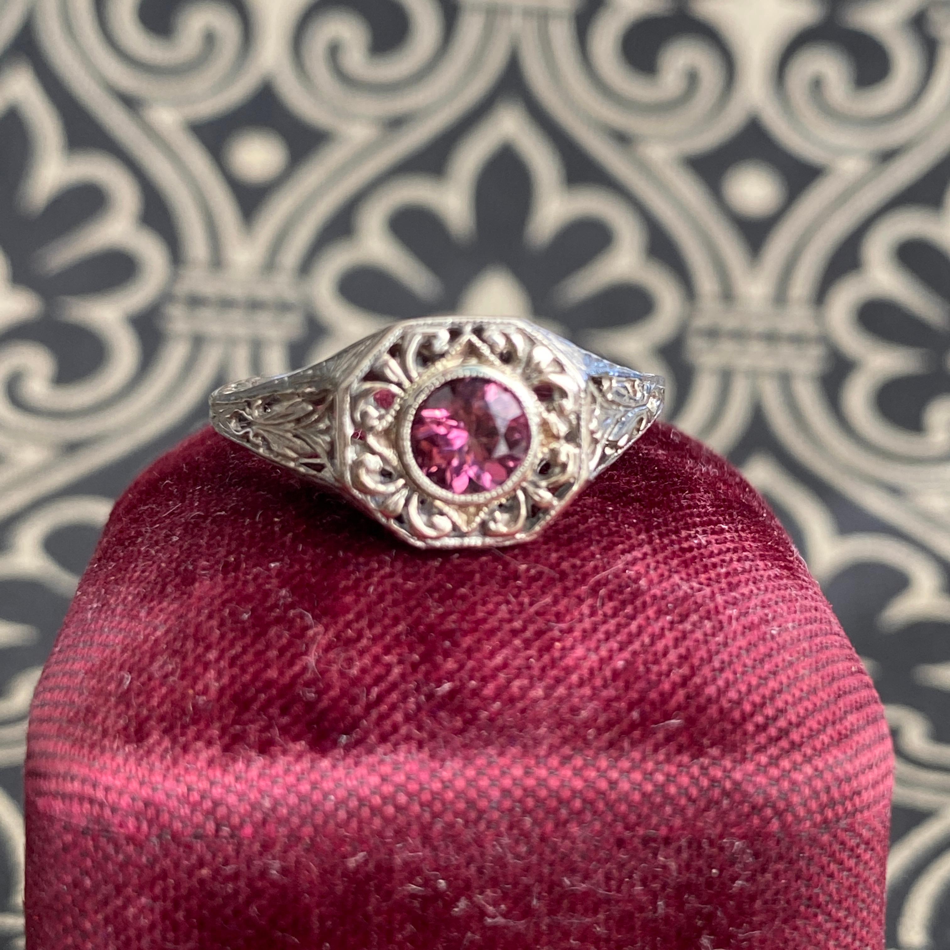 Art Deco 14k Pink Tourmaline Filigree Ring For Sale 3
