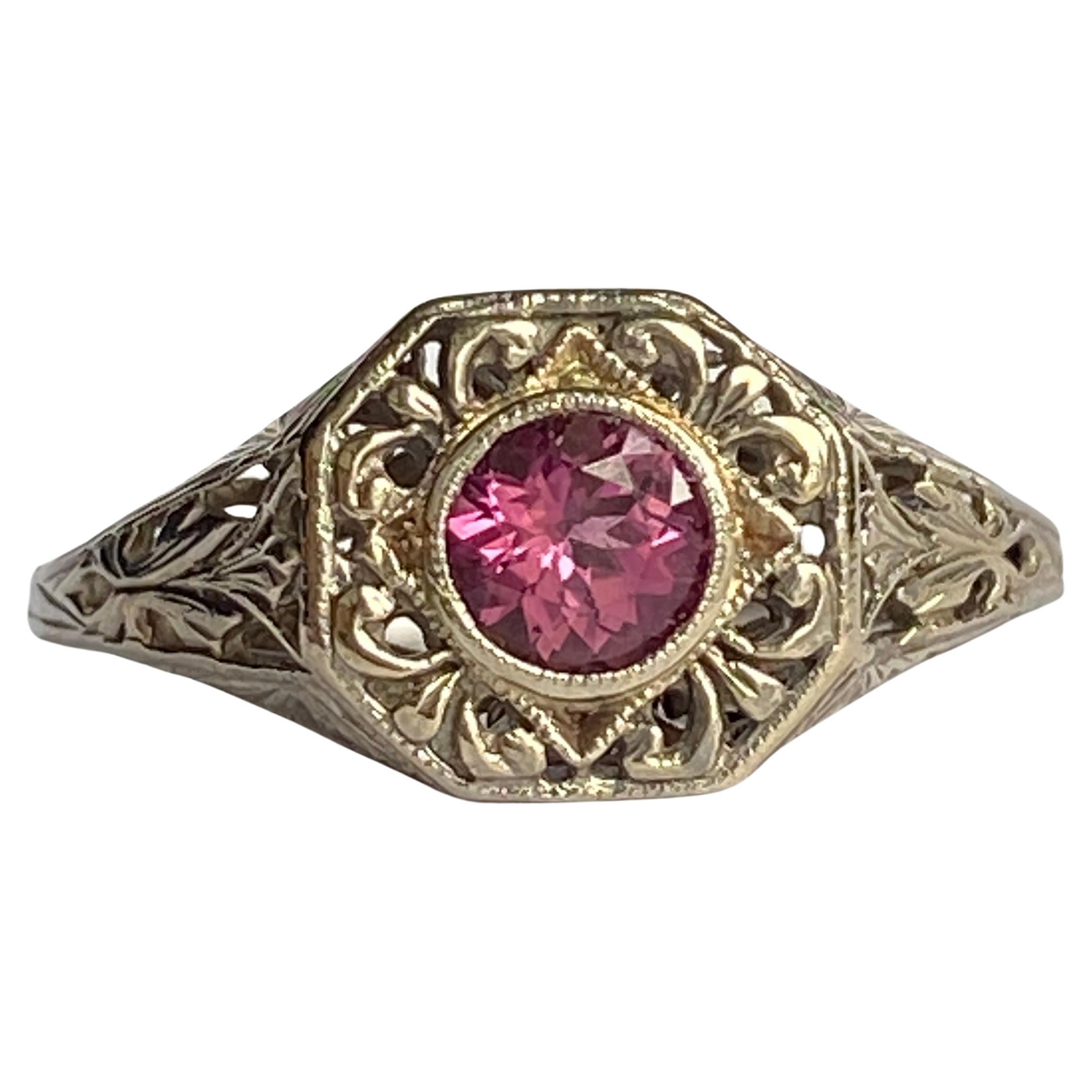 Art Deco 14k Pink Tourmaline Filigree Ring For Sale