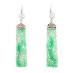 Art Deco 14k & Platinum Carved Jade Earrings