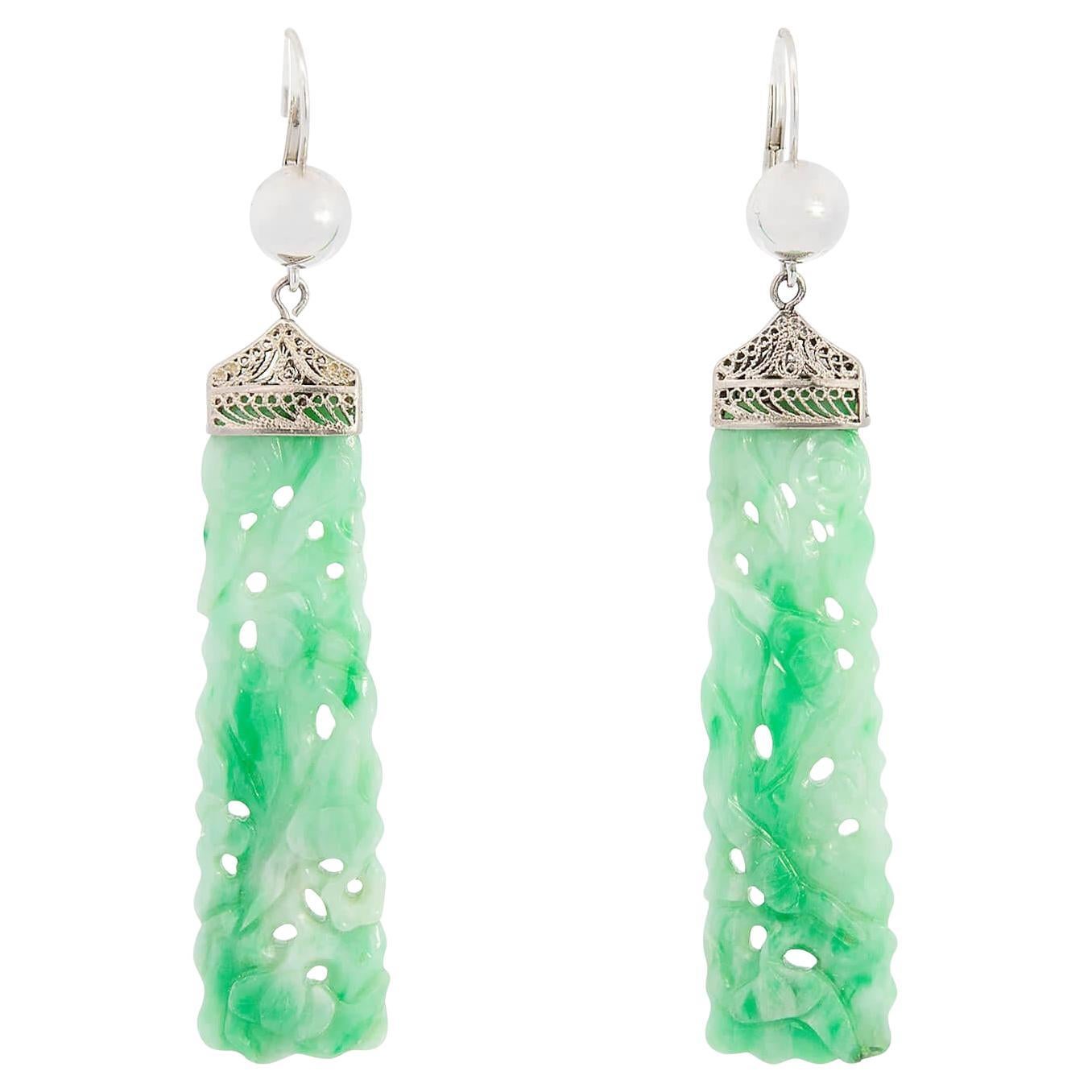 Art Deco 14k/ Platinum Carved Jade Earrings