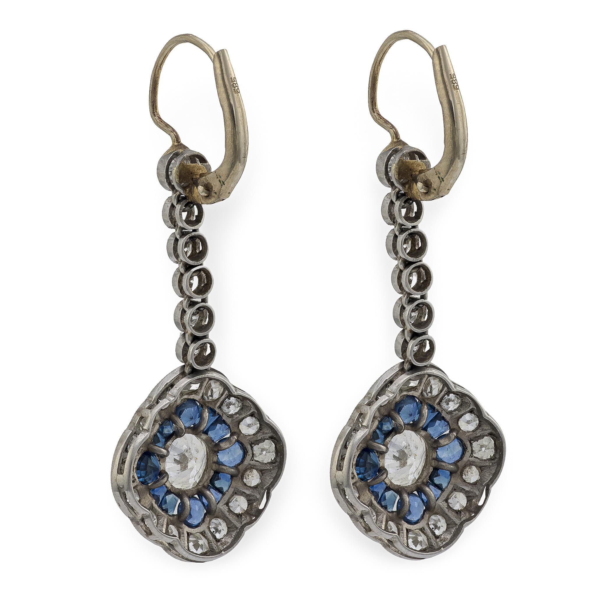 Old European Cut Art Deco 14K/Platinum Diamond & Sapphire Dangle Earrings For Sale
